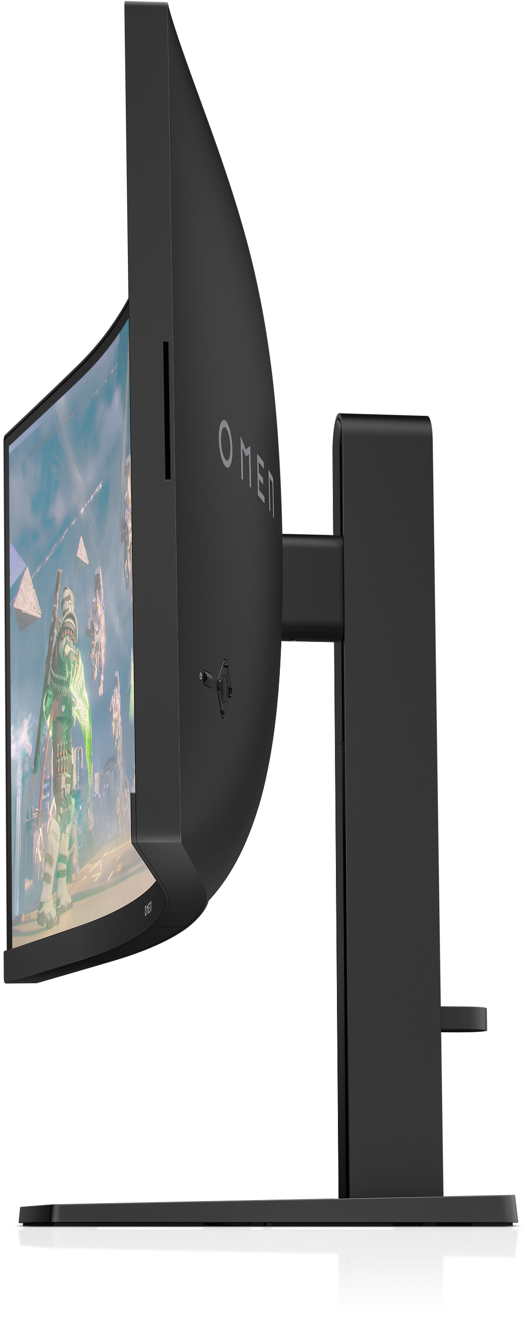 Seitenansicht eines gebogenen schwarzen OMEN Gaming-Monitors, montiert auf einem schwarzen Ständer.
