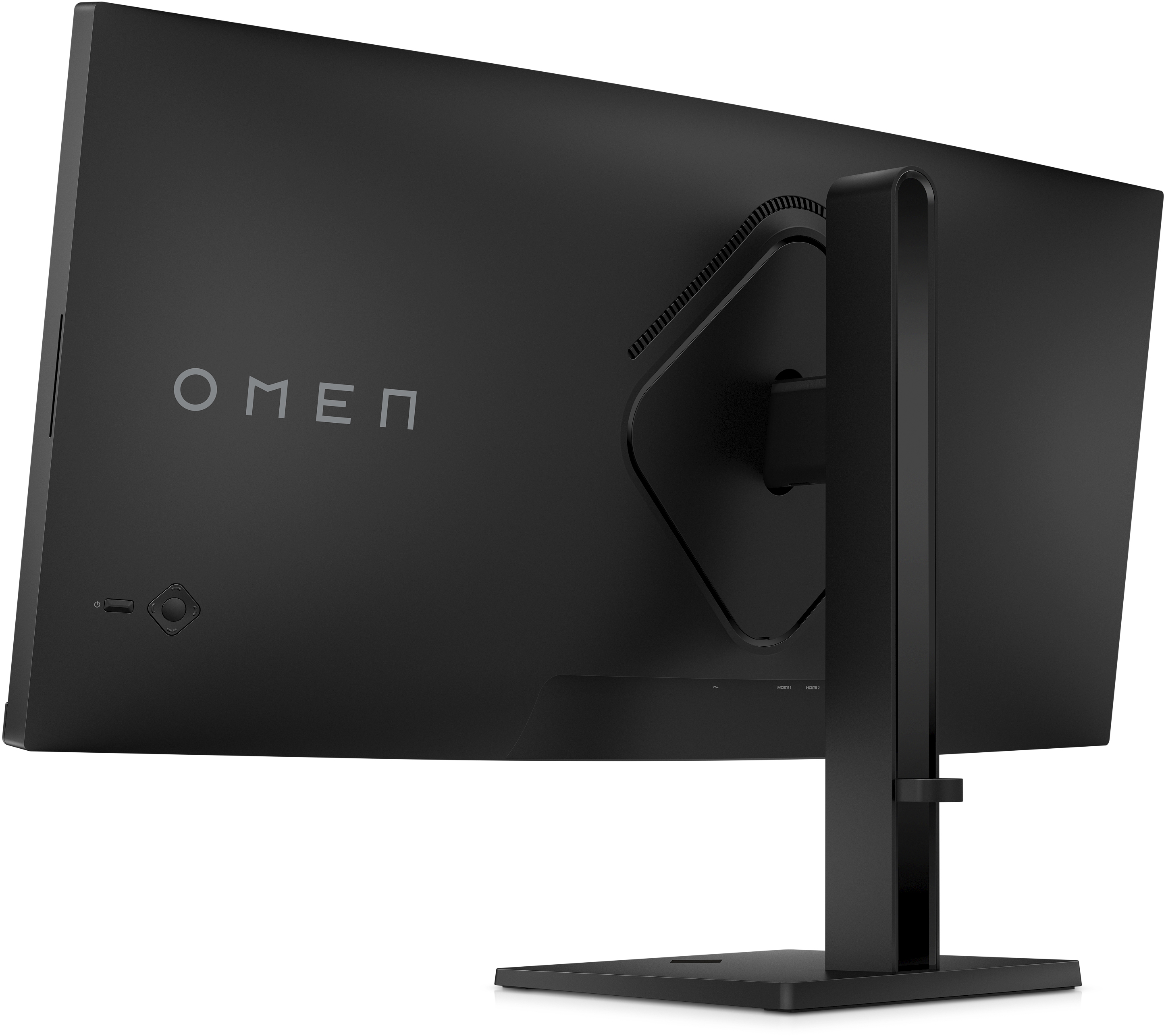 Die Rückseite eines schwarzen OMEN-Gaming-Monitors mit Ständer und Anschlüssen.