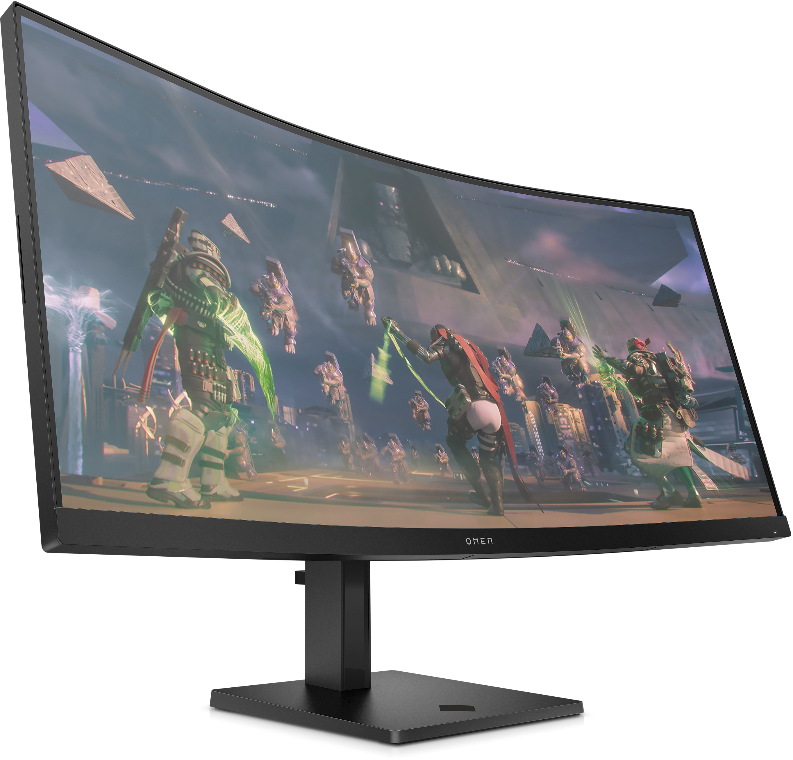 Gebogener Monitor zeigt Spielszene mit futuristischen Soldaten. Der Monitor ist schwarz mit einem OMEN-Logo.