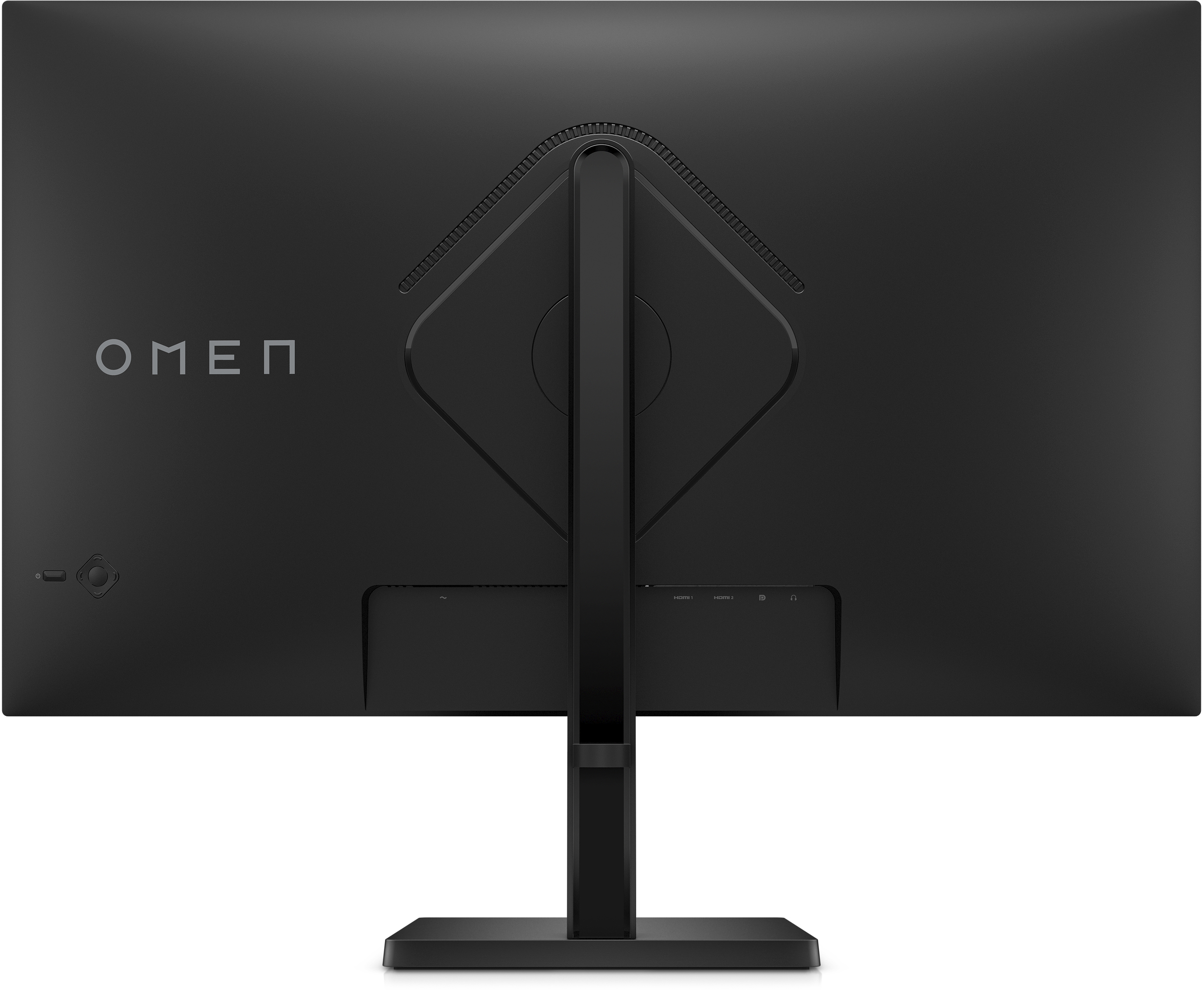 Die Rückseite eines schwarzen OMEN Gaming-Monitors mit Ständer und verschiedenen Anschlüssen.