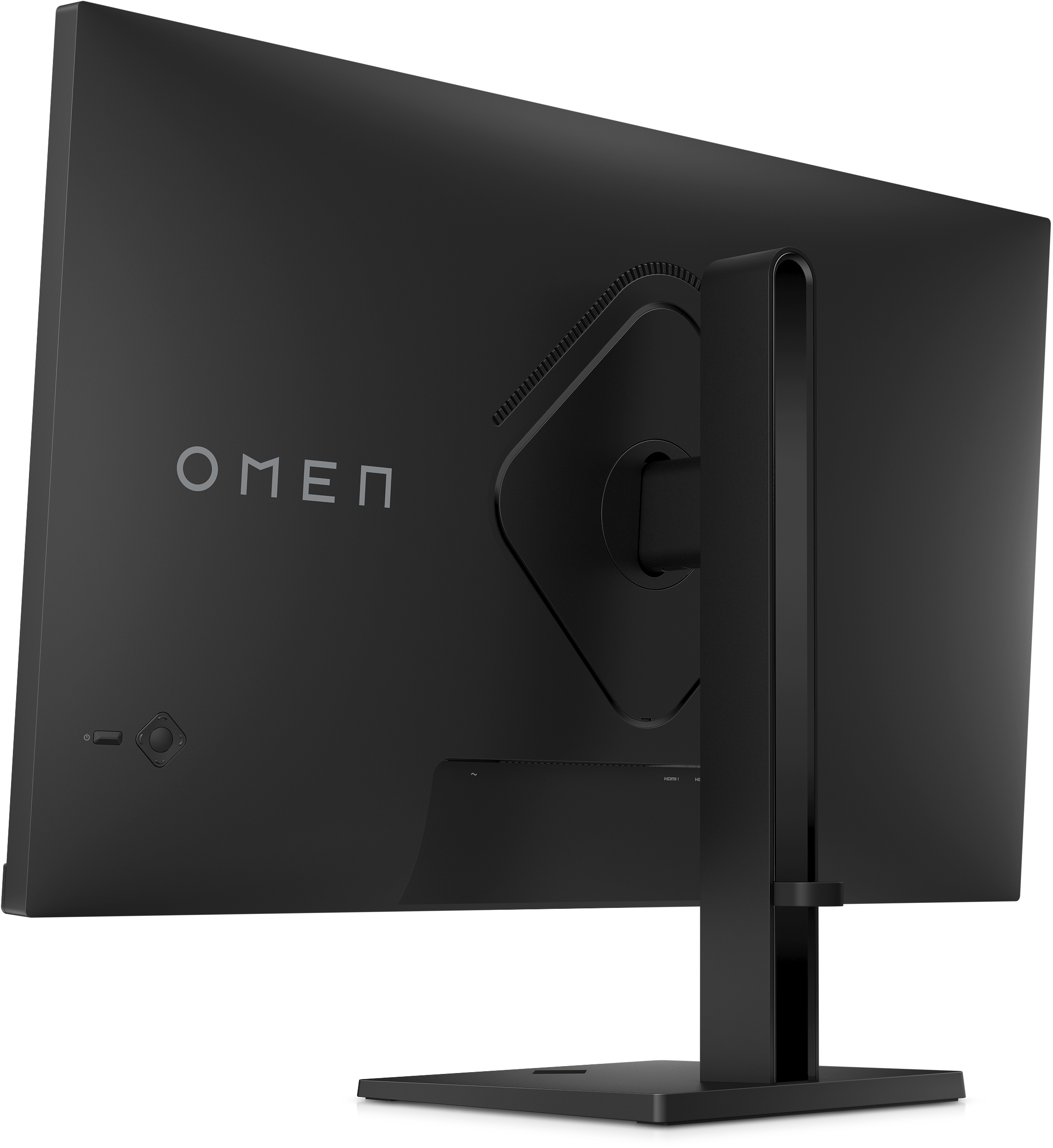 Die Rückseite eines schwarzen Computermonitors. OMEN steht auf dem Bildschirm. Ständer ist ebenfalls sichtbar.