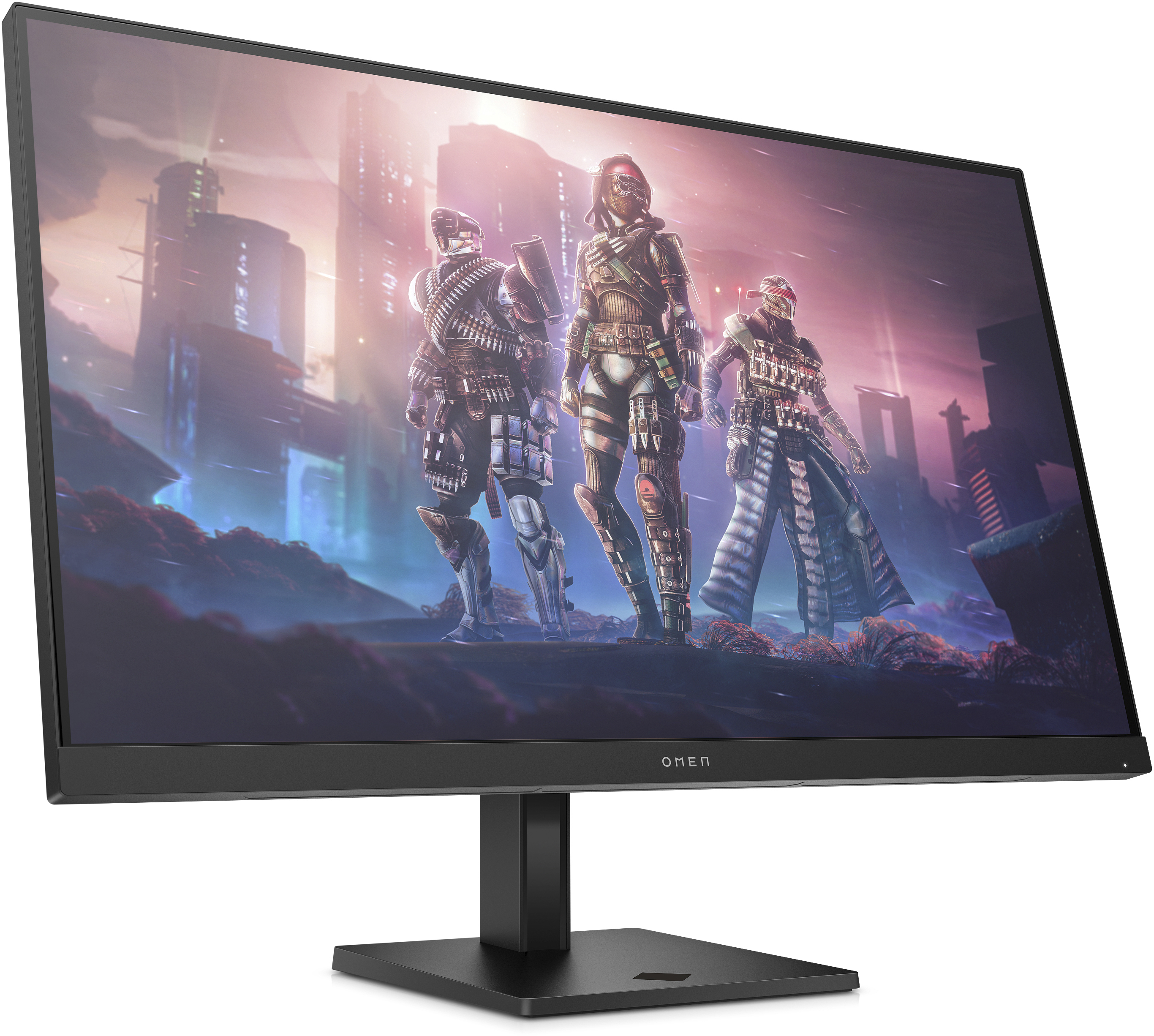 Ein Gaming-Monitor zeigt drei Figuren. Die Figuren sind bewaffnet. Der Hintergrund ist eine Stadt.