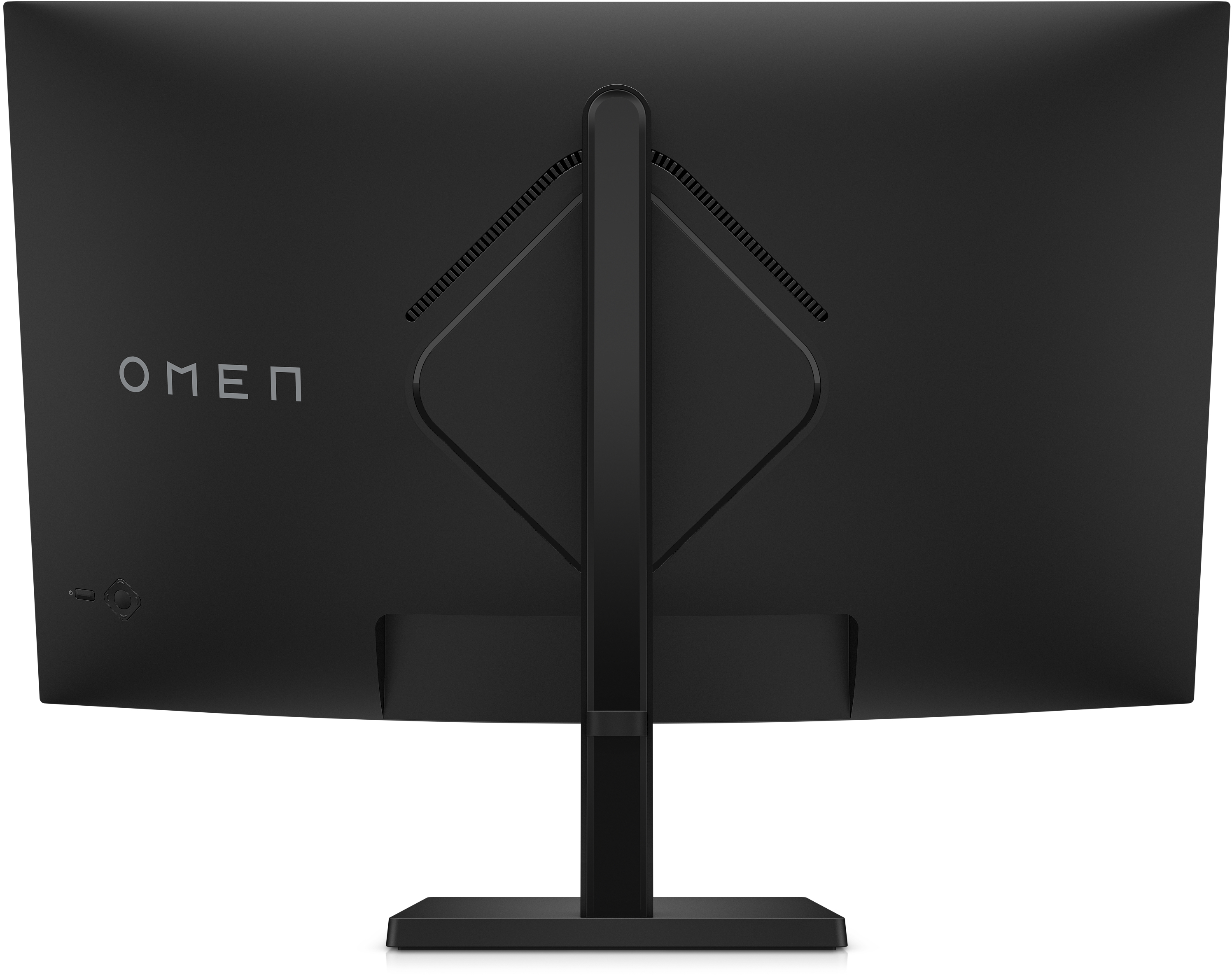 Die Rückseite eines schwarzen Computermonitors mit OMEN-Logo und einem Ständer.