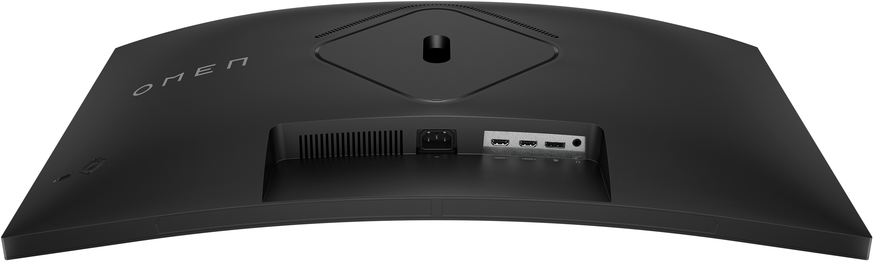 Schwarzer, gebogener Computermonitor-Rücken mit Strom- und Anzeigeanschlüssen.