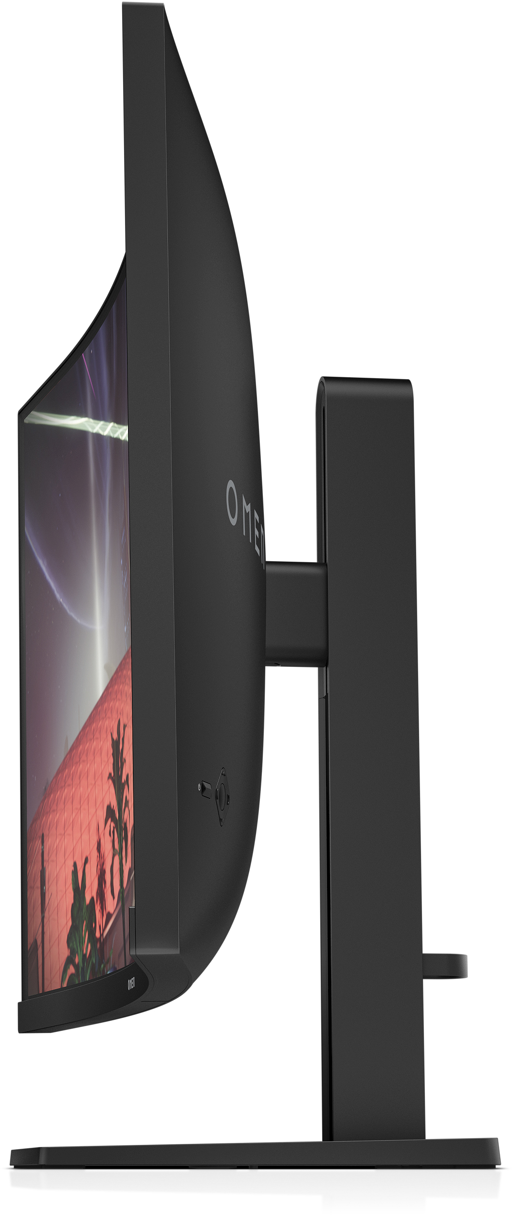 Schwarzer Omen-Monitor von der Seite. Der Bildschirm ist gebogen, mit schwarzem Ständer.
