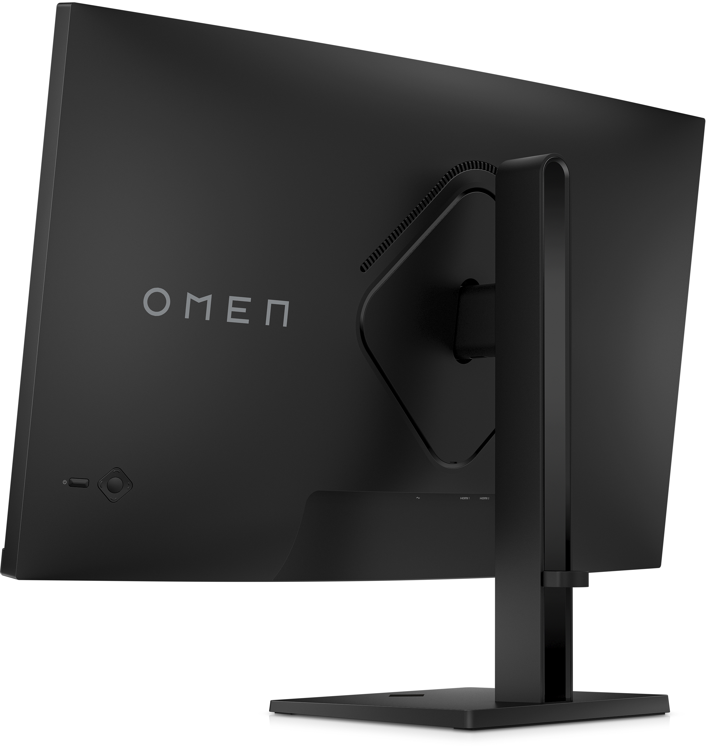 Ein schwarzer OMEN Gaming-Monitor mit der Rückansicht, die den Ständer und die Anschlüsse zeigt.