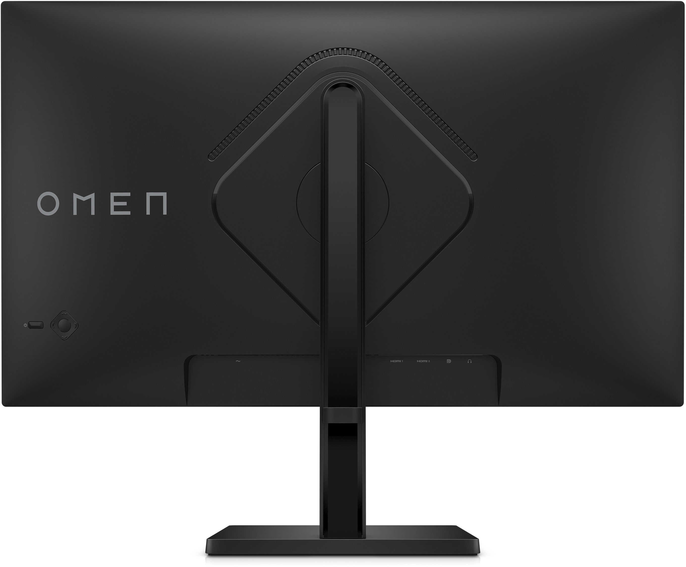 Rückseite eines schwarzen OMEN-Monitors. OMEN-Logo und Ständer. Anschlüsse für USB, HDMI und Audio. Schwarze Oberfläche.