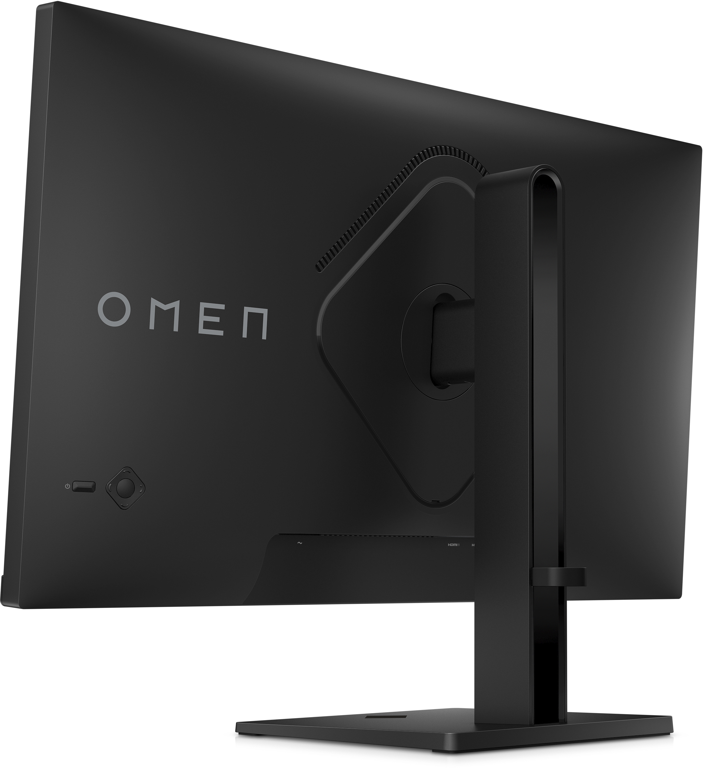 Rückseite eines schwarzen OMEN Gaming-Monitors. Das OMEN-Logo ist sichtbar, zusammen mit Anschlüssen.