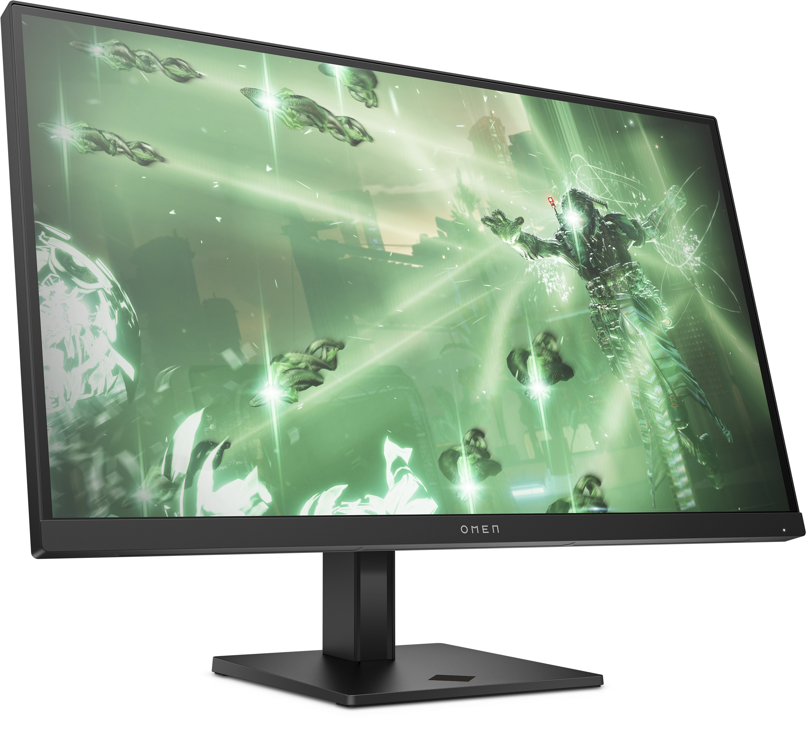 Ein Computermonitor zeigt eine Spielszene mit futuristischen Elementen und grünen Effekten.