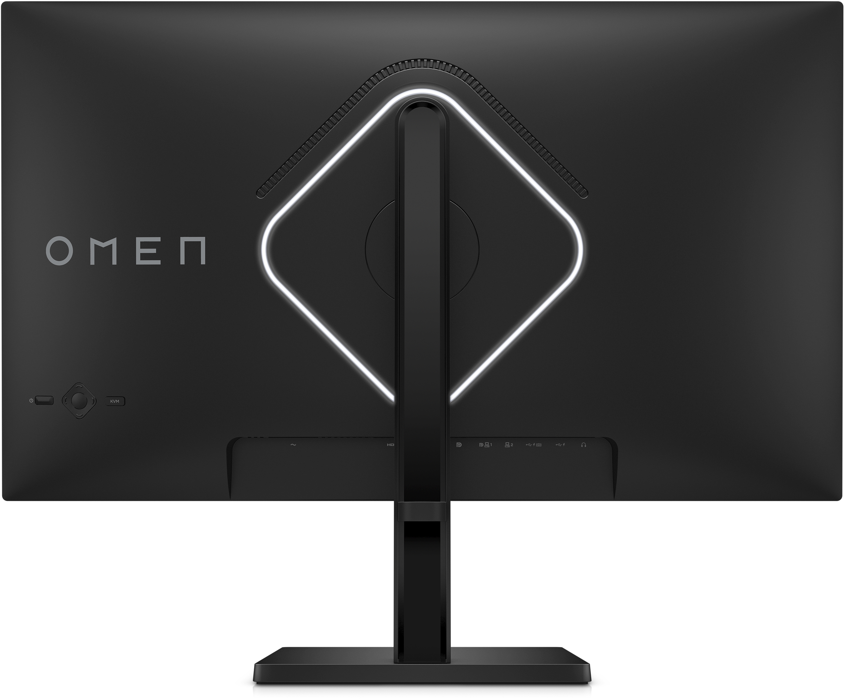 Rückansicht eines schwarzen Computermonitors mit dem Wort OMEN in Silber und einem weißen Licht.