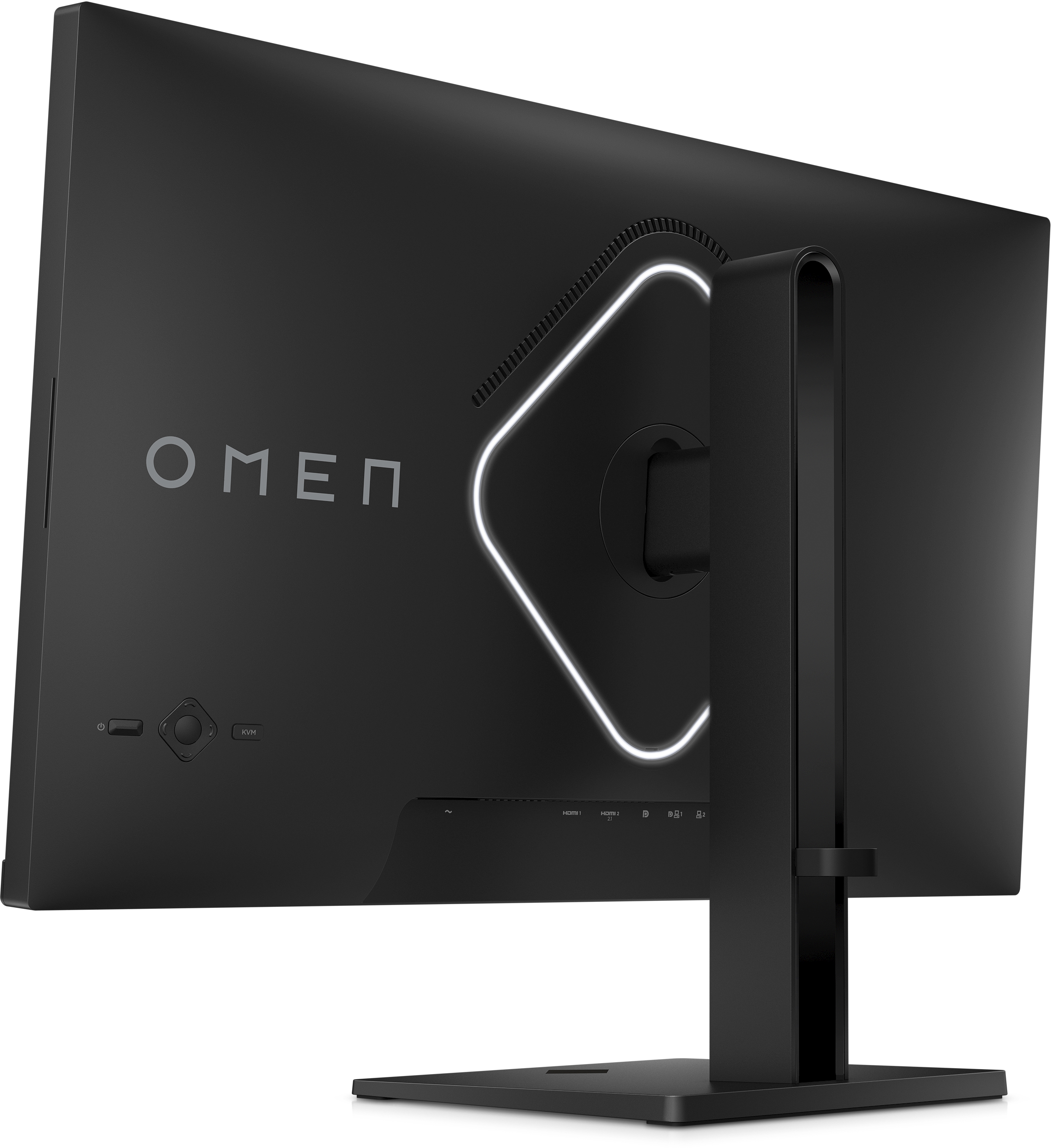 Die Rückseite eines schwarzen OMEN Gaming-Monitors, der ein Logo mit Licht und einen Ständer zeigt.