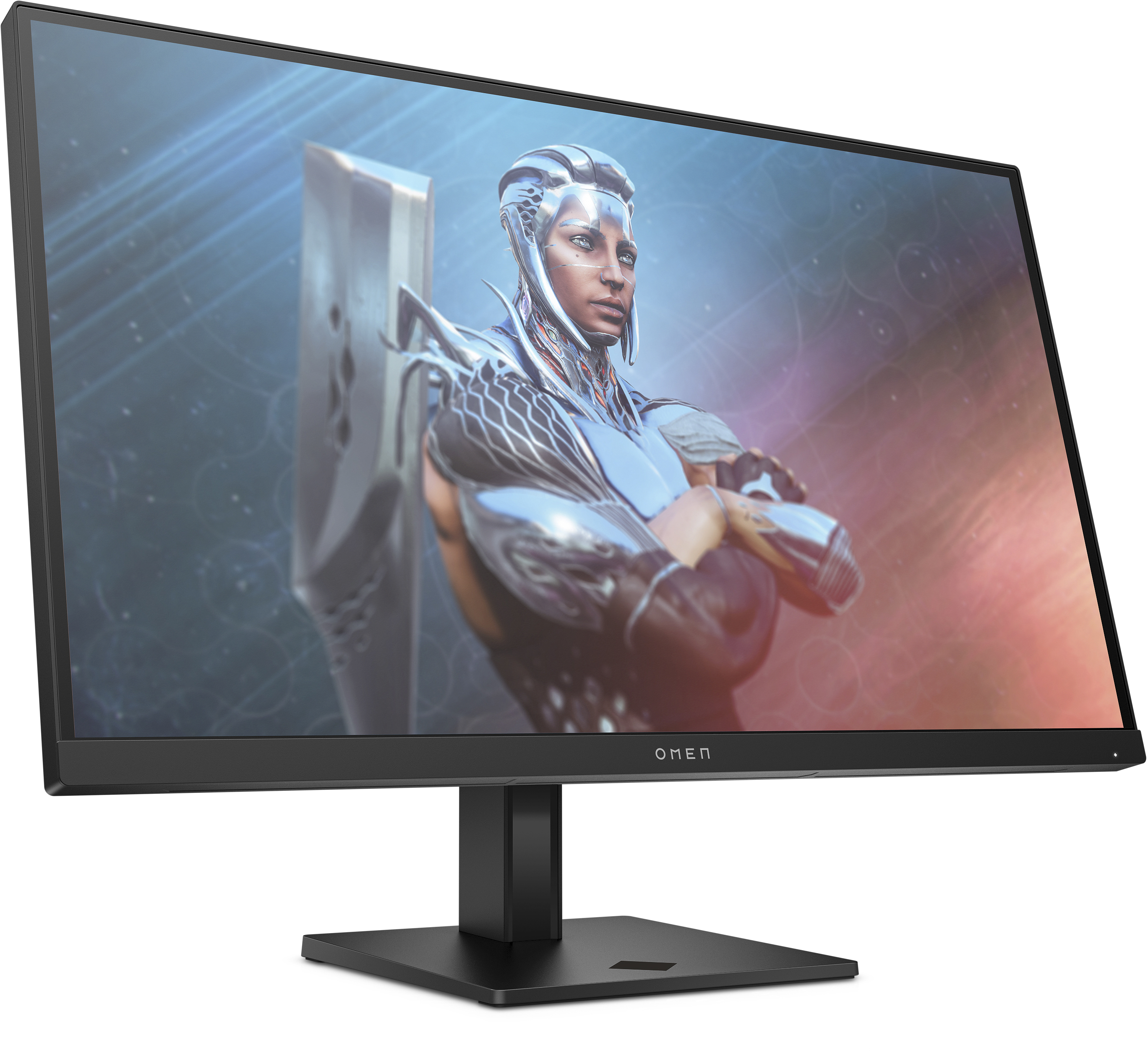 Ein schwarzer Computermonitor mit einem Bildschirm, der eine futuristische Figur zeigt.
