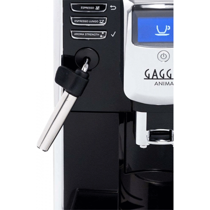 Egy Gaggia Anima kávéfőző közeli képe. Gőzölőcső, kezelőpanel és vízkifolyó látható.