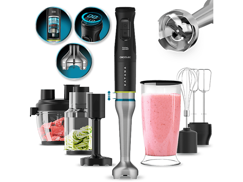 Batidora de mano - Cecotec Katana 15 TotalDestroy Full B Screen, 1500 W, 8 cuchillas, 21 velocidades, Turbo, Set completo, Brazo XL, Pantalla, Black