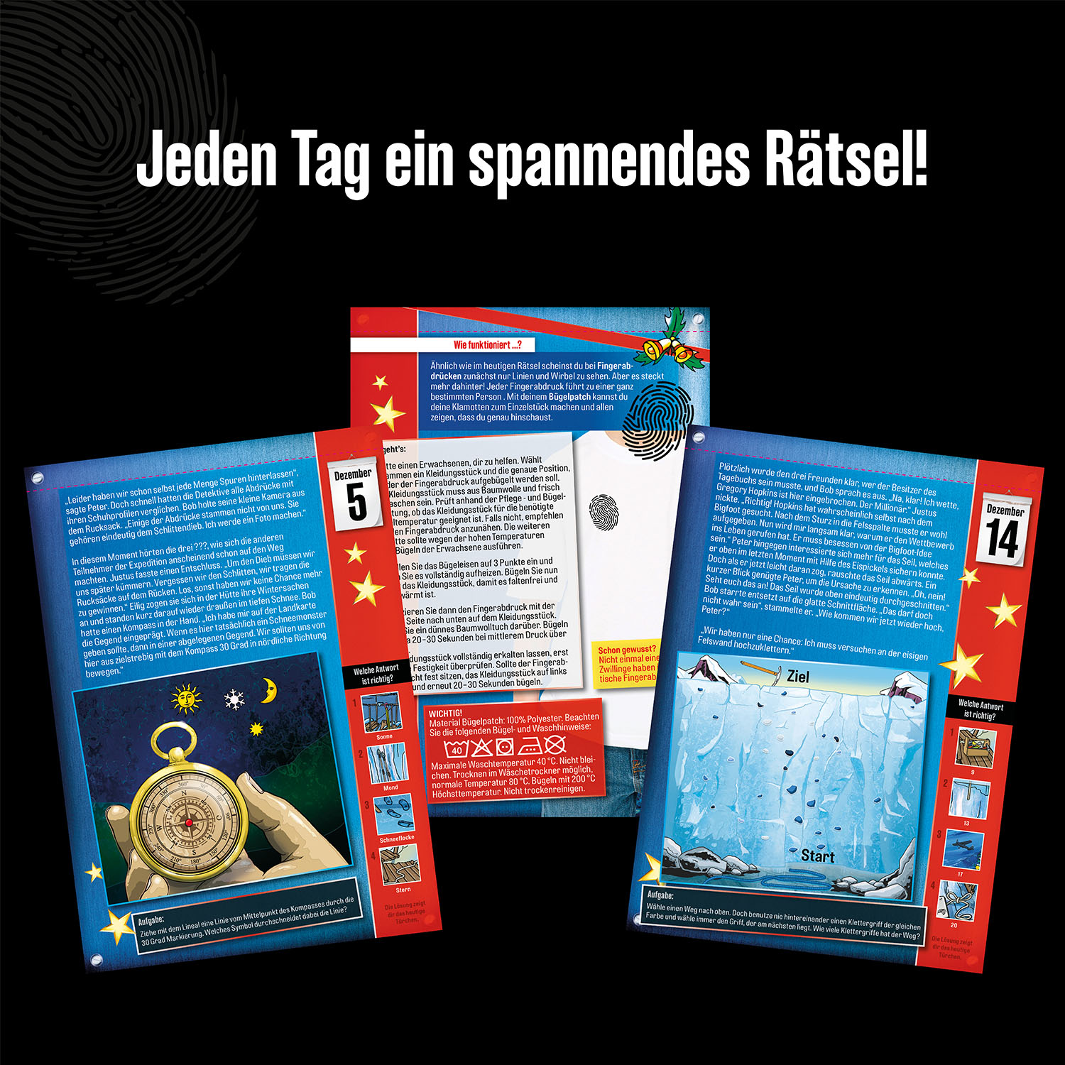 Adventskalenderkarten auf schwarzem Untergrund, mit Kompass und anderen Spielelementen.