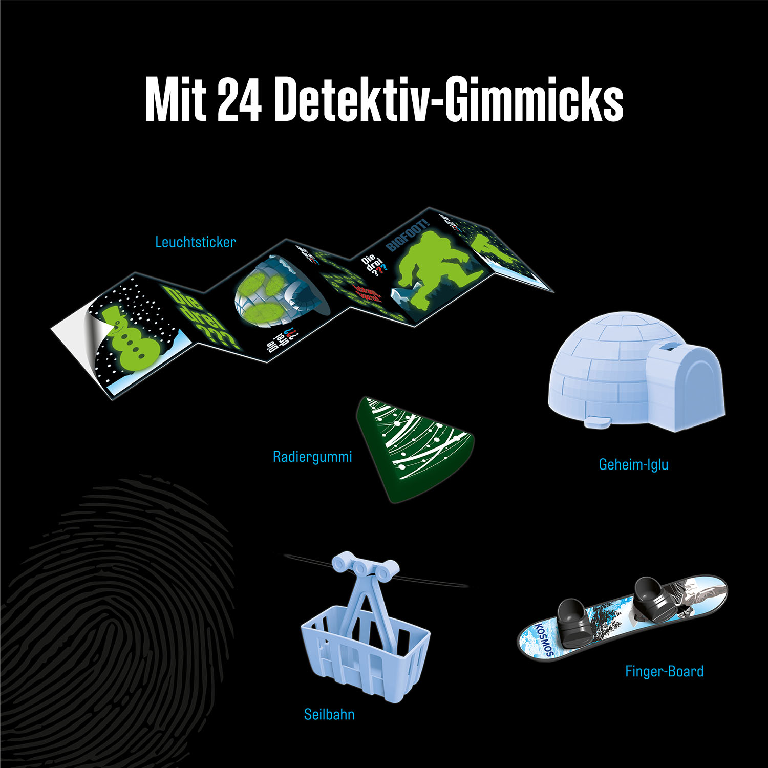 Eine Sammlung von Detektiv-Spielzeugen, darunter eine Karte, ein Iglu, ein Radiergummi, eine Gondel und ein Snowboard.