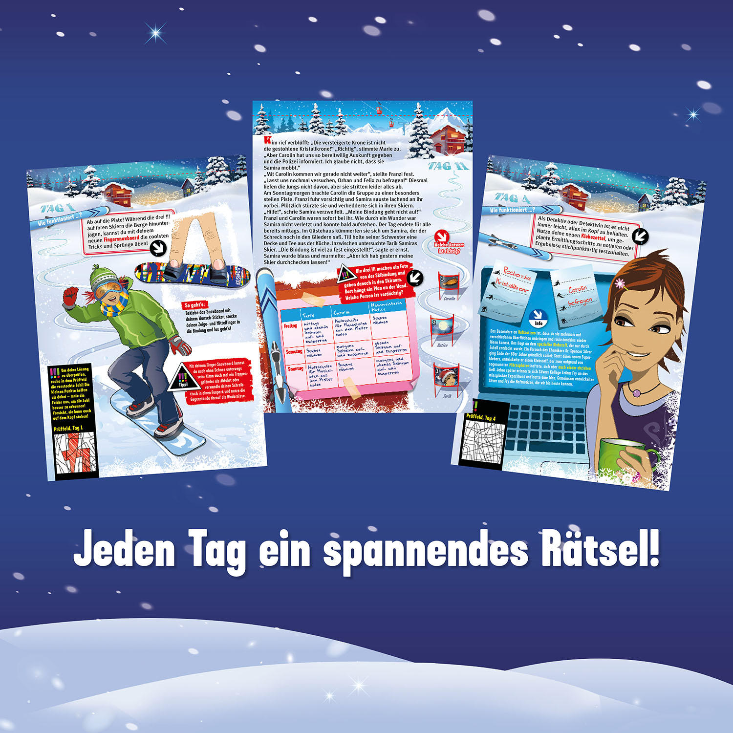 Eine Collage von Spielkarten mit Winterszenen und einem Mädchen, das auf ein Telefon mit Spieloberfläche schaut.