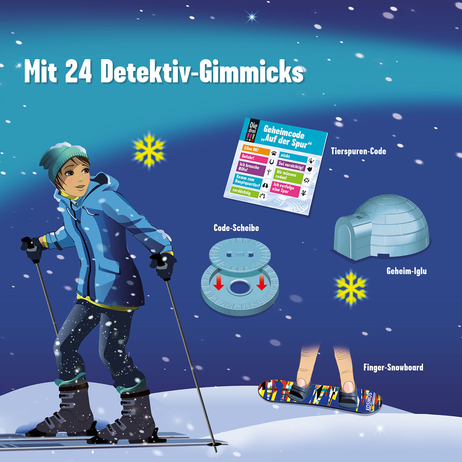 Eine Zeichentrickszene über Detektive. Eine Person fährt Ski. Ein Iglu, Code-Rad und Fingerboard sind vorhanden.