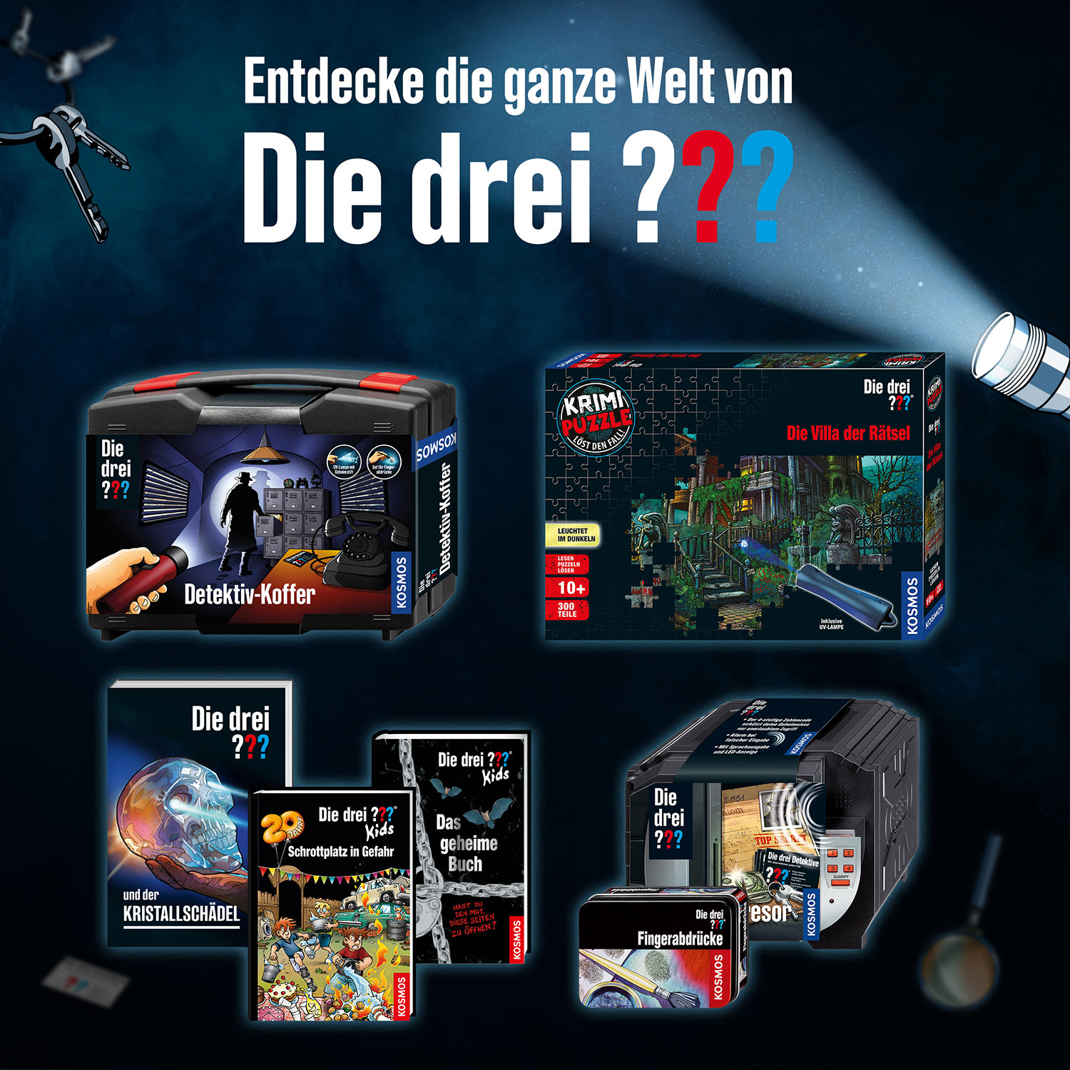 Verschiedene Die drei ??? Buch- und Spielboxen auf dunklem Hintergrund.