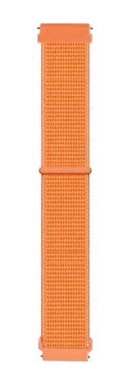 Pomarańczowy pasek do zegarka, teksturowany nylon, pionowo na białym tle.