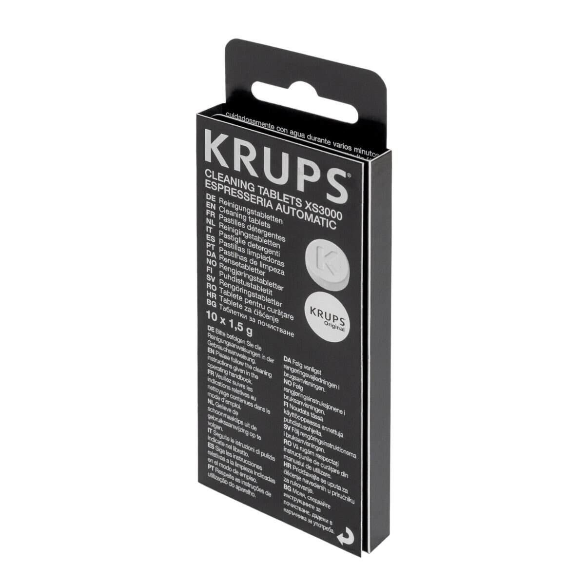 Pudełko tabletek czyszczących Krups, z tekstem w wielu językach.