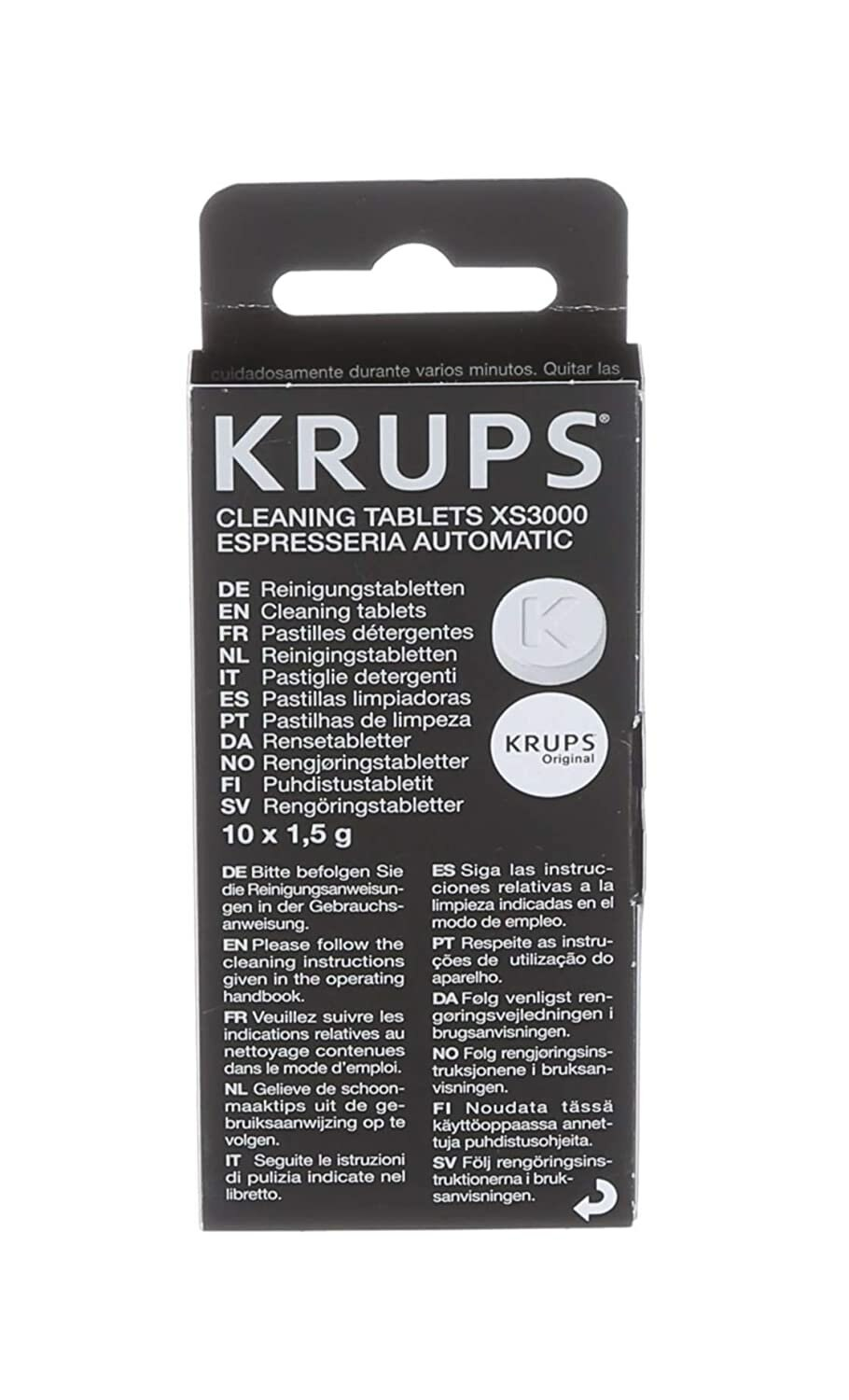 Pudełko tabletek czyszczących Krups. Tekst w wielu językach, w tym angielskim i niemieckim.