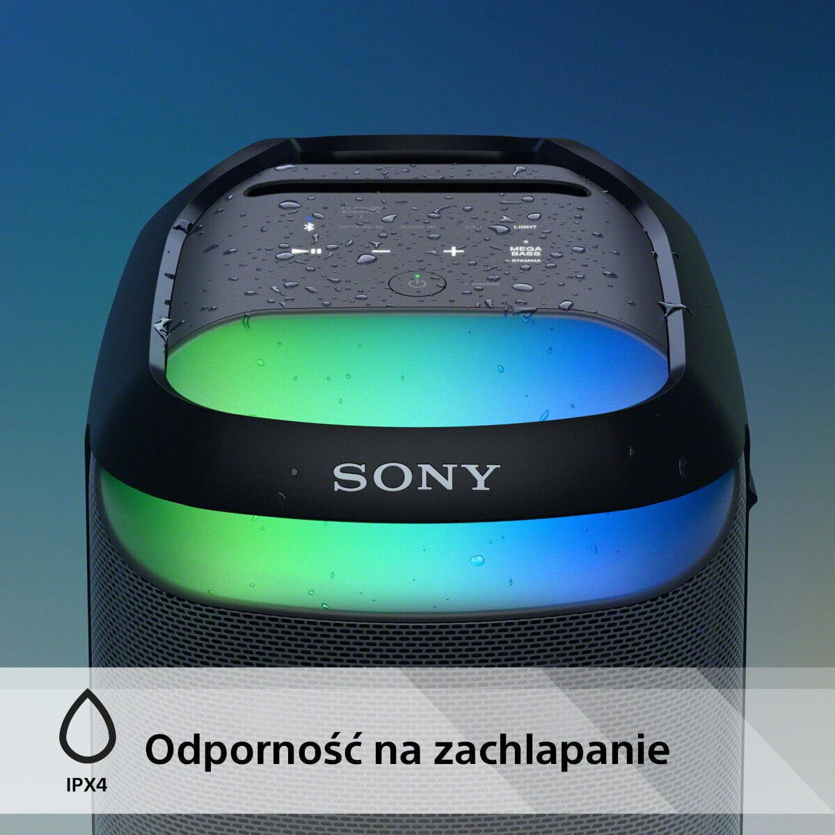 Czarny głośnik z kolorowymi światłami i kroplami wody, tekst 'IPX4'.