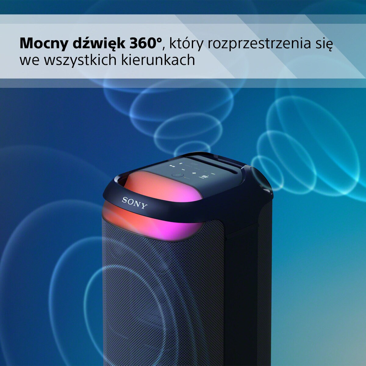 Czarny głośnik z podświetlanym wierzchem i kratką głośnika, z falami dźwiękowymi.