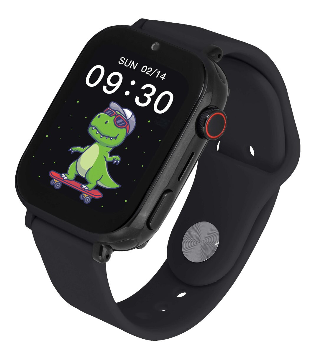 Czarny smartwatch z zielonym dinozaurem jeżdżącym na deskorolce na ekranie. Godzina 09:30.