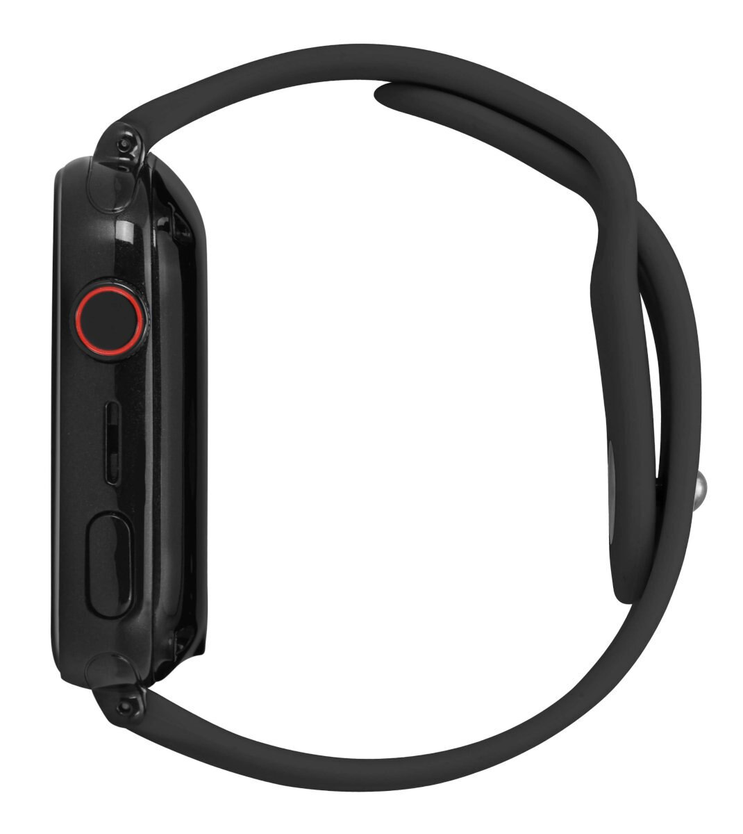 Czarny Apple Watch z boku z czerwonym przyciskiem i czarnym paskiem.