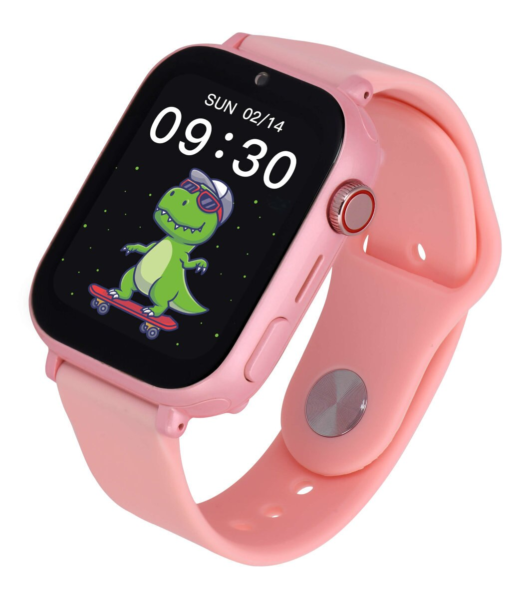 Różowy smartwatch dla dzieci z kreskówkowym dinozaurem na ekranie.