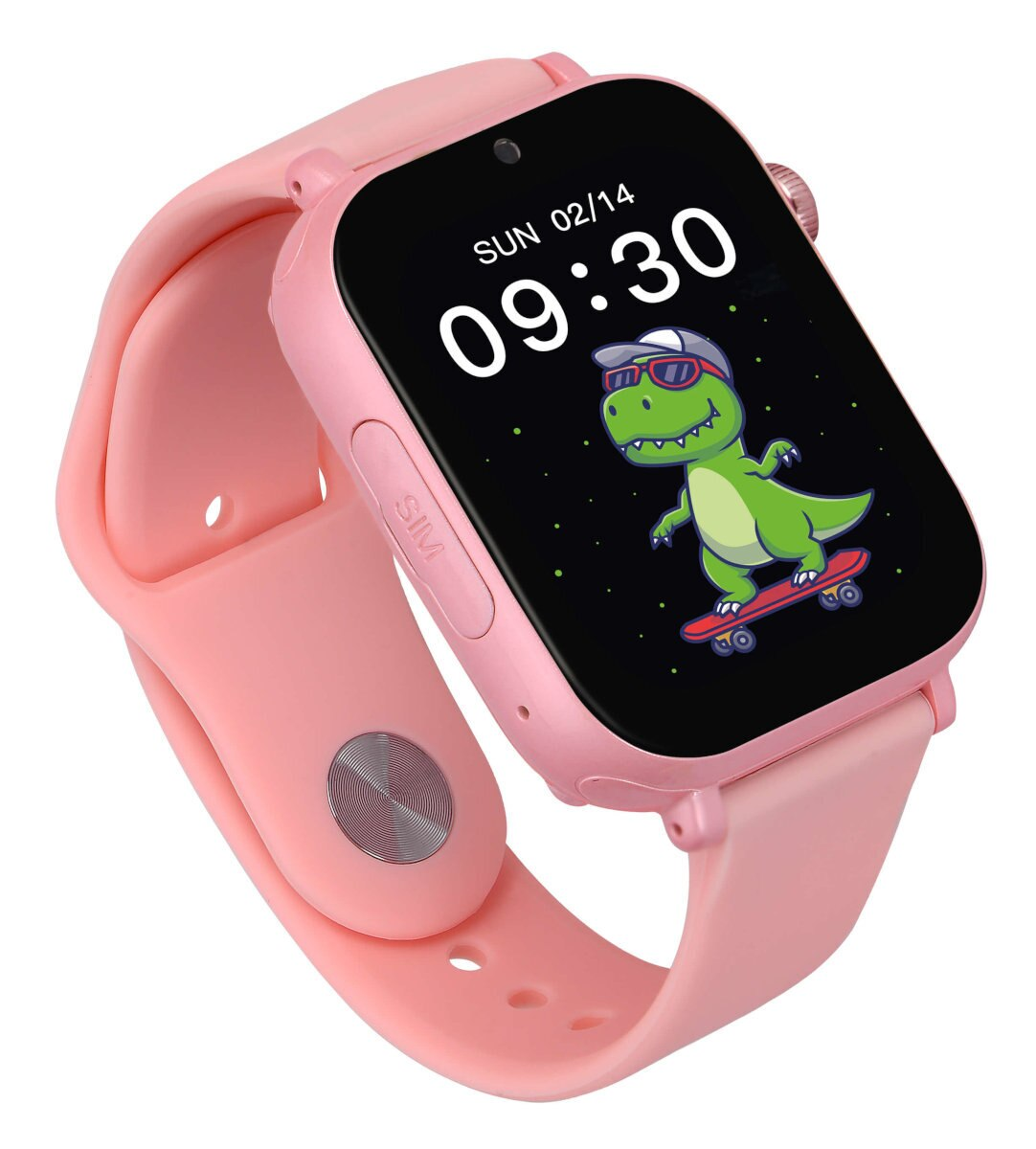 Różowy smartwatch dla dzieci z dinozaurem na ekranie. Pokazuje godzinę i datę. Różowy pasek.