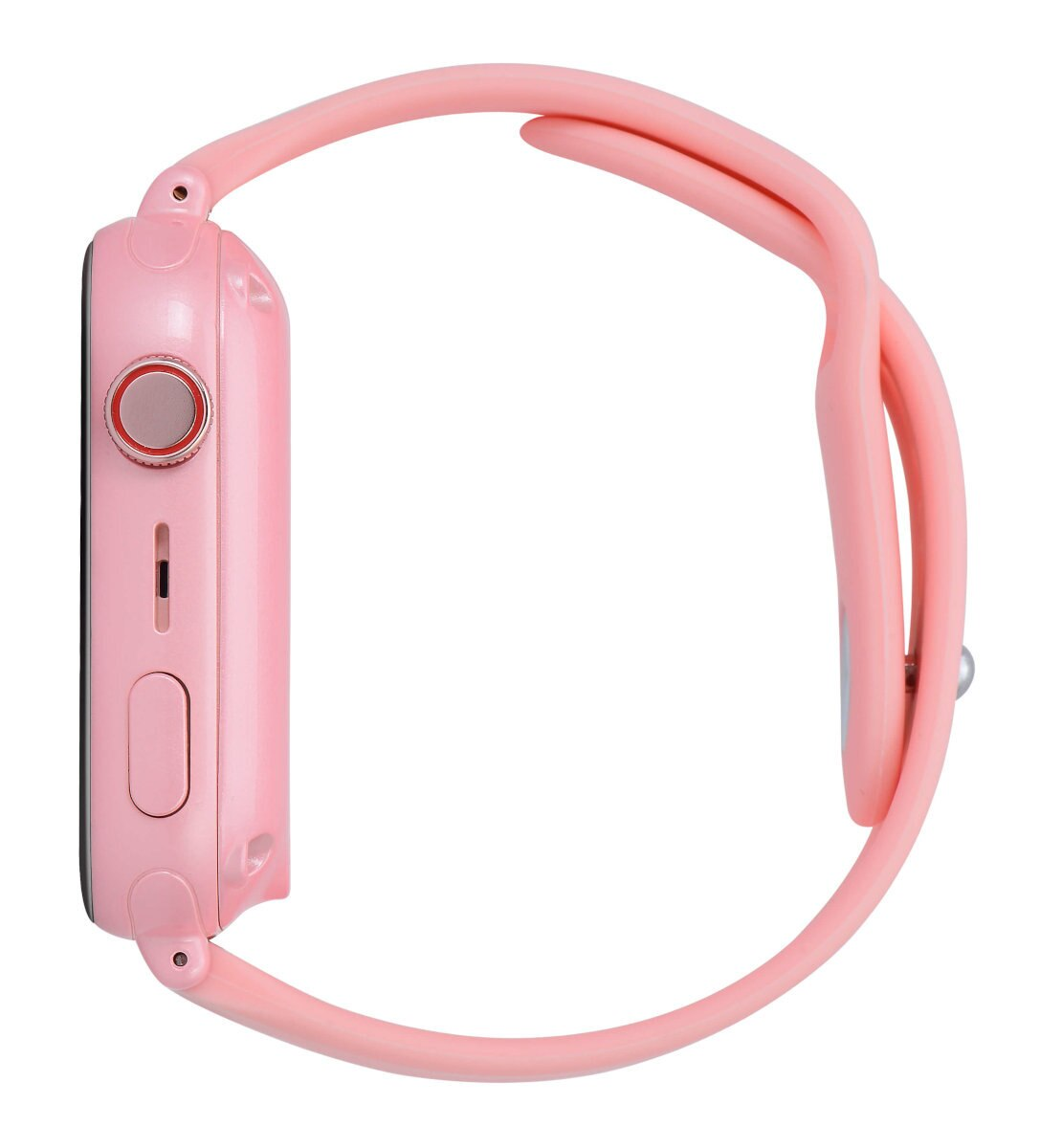 Różowy smartwatch z różowym paskiem. Widok z boku. Białe tło.