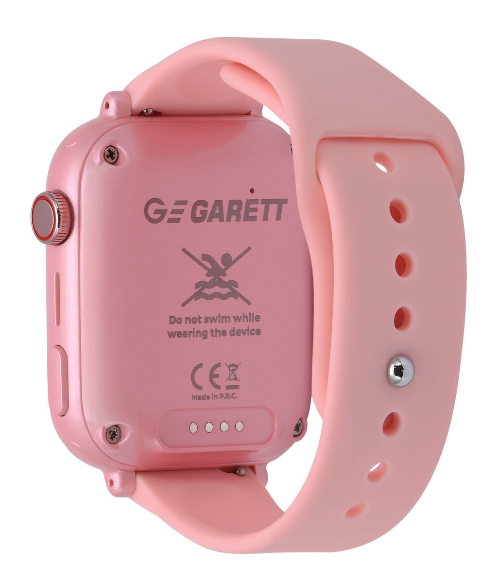 Różowy smartwatch z różowym paskiem, z tyłu z marką i ostrzeżeniem.