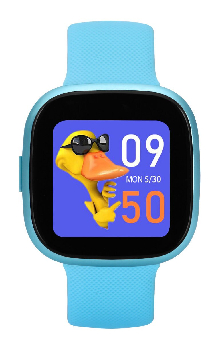 Niebieski smartwatch z kaczką w okularach i wyświetlaczem cyfrowym.