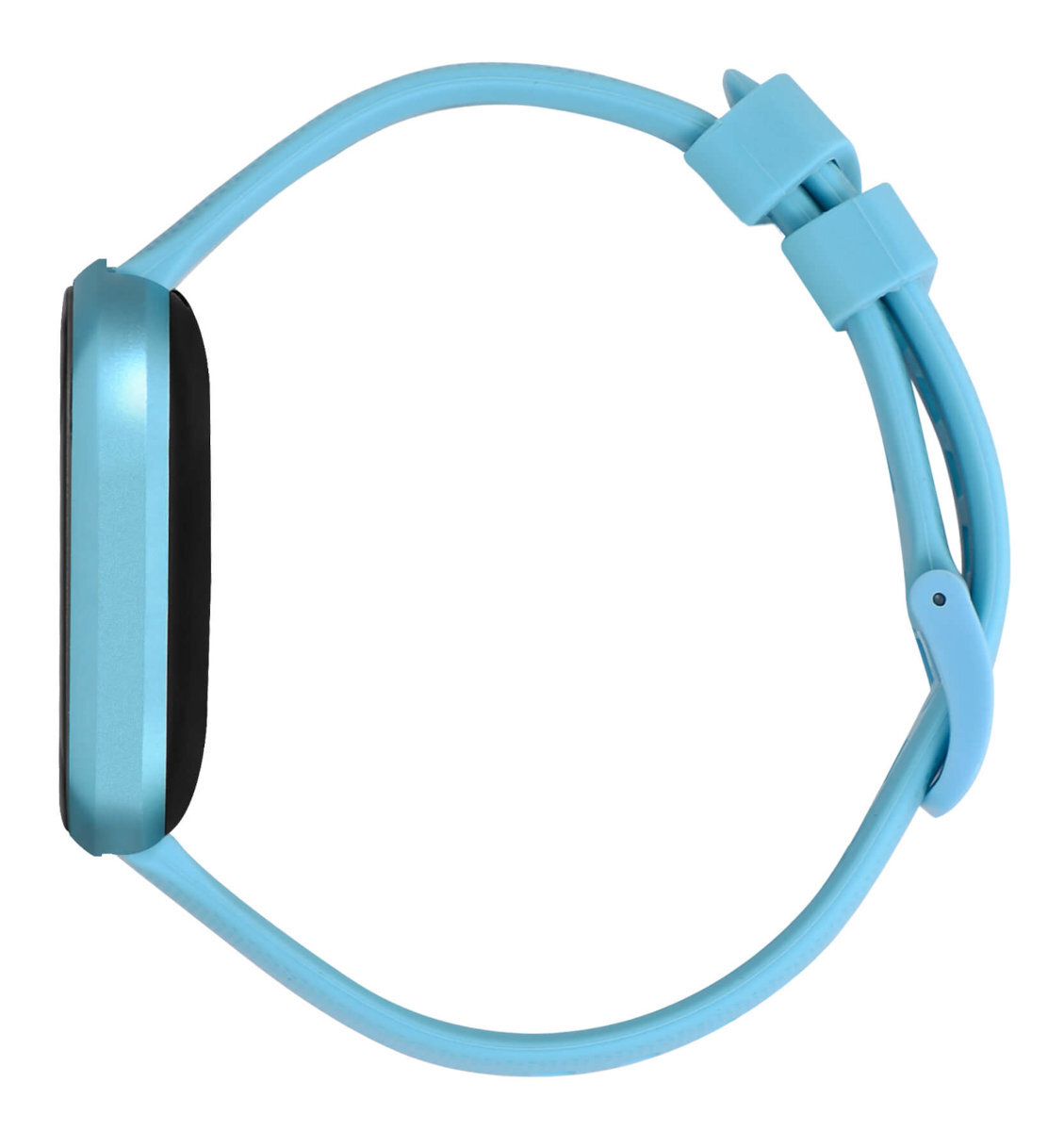 Jasnoniebieski smartwatch z niebieskim paskiem, widok z boku na białym tle.