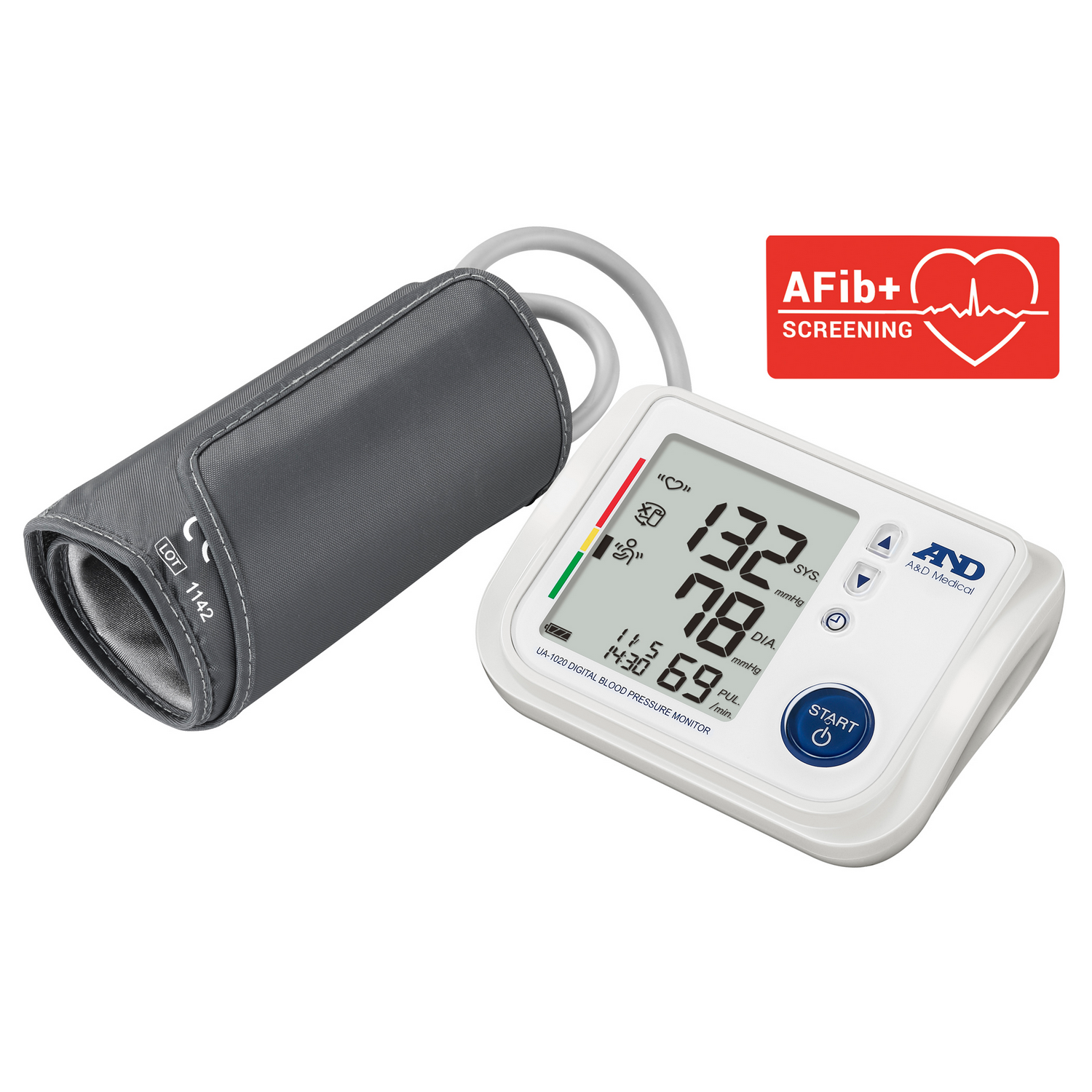 Digitale bloeddrukmeter met manchet en display met metingen. Een AFib+ screening-pictogram op de achtergrond.