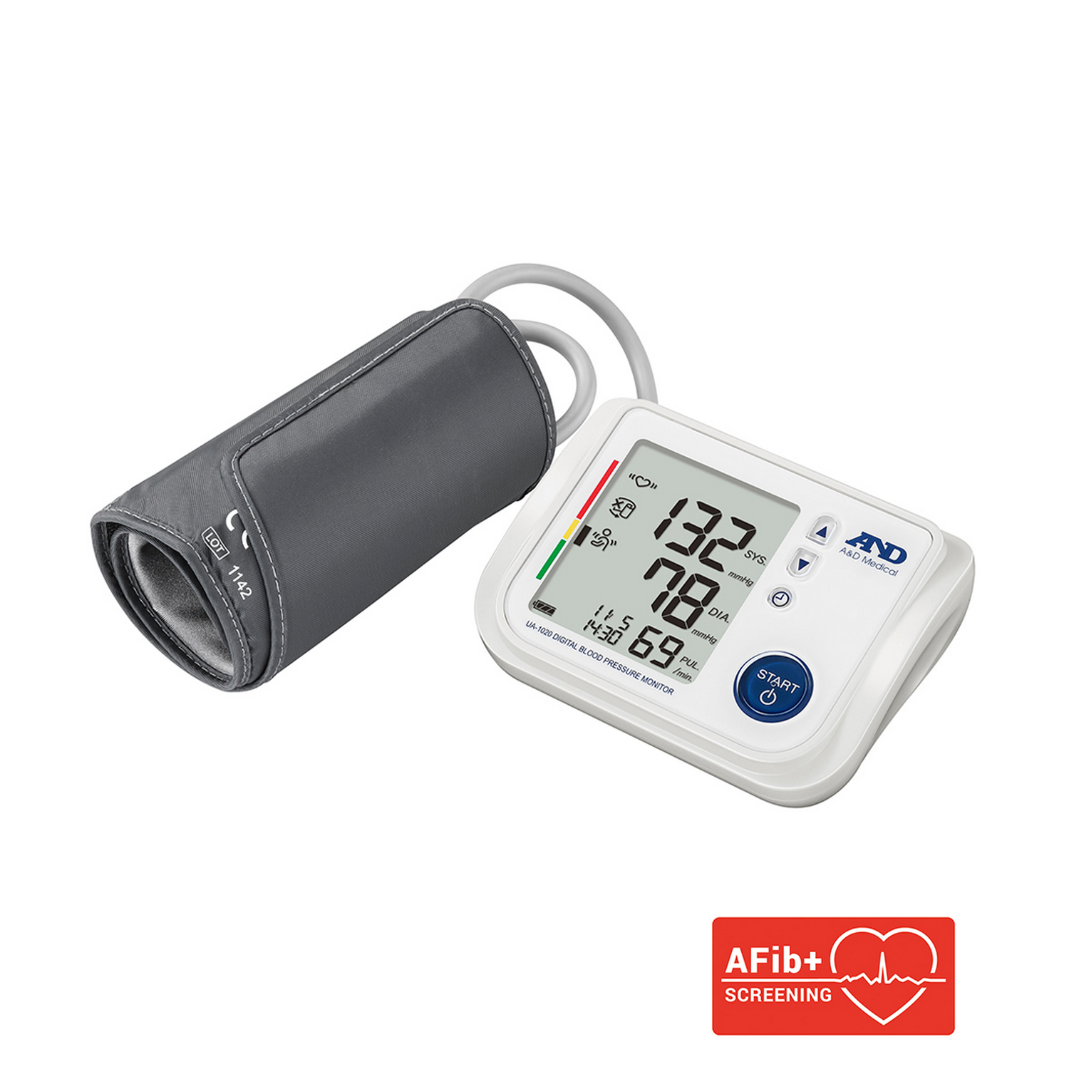 Bloeddrukmeter met een manchet en een digitaal scherm met metingen.