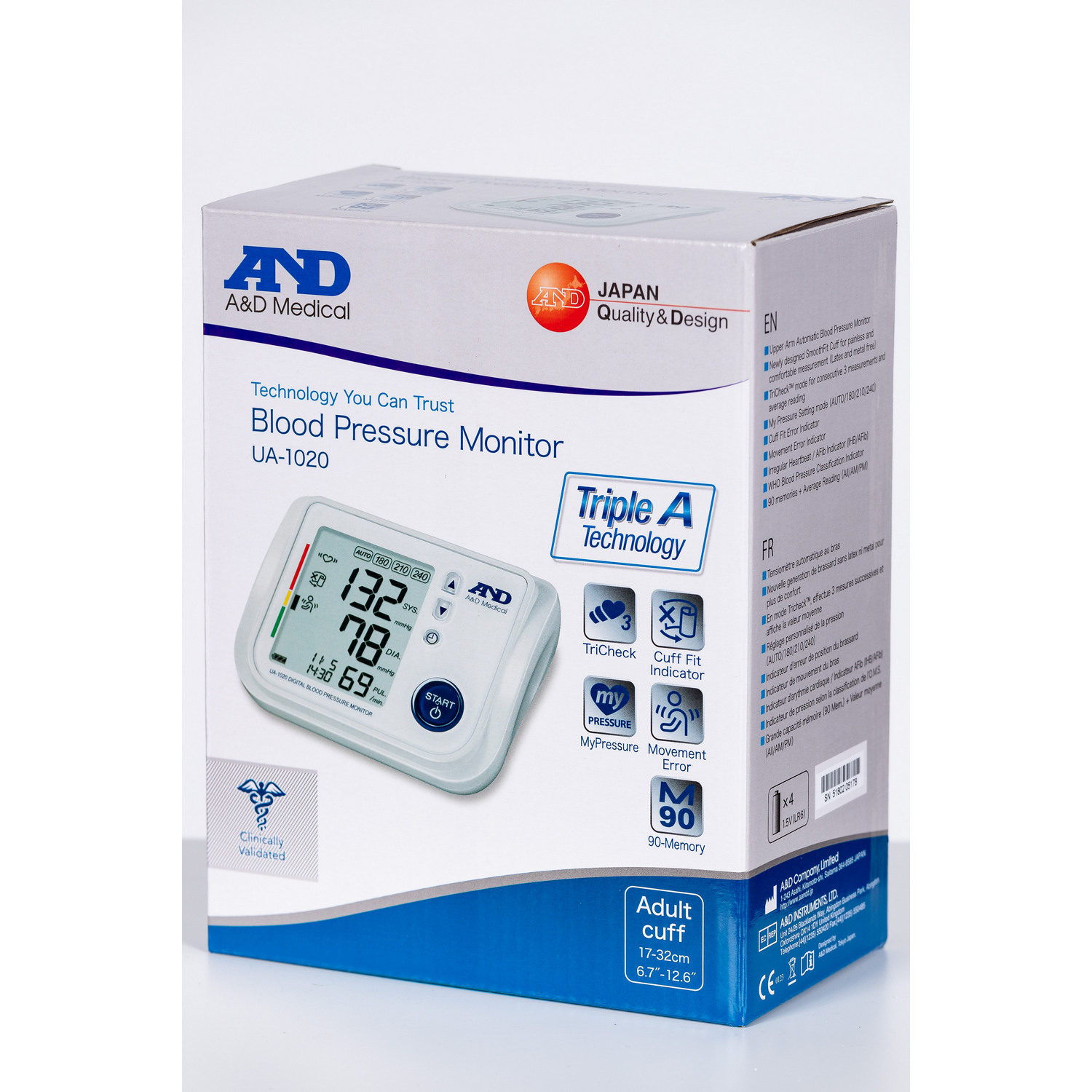 Bloeddrukmonitor doos met productdetails en een witte achtergrond.
