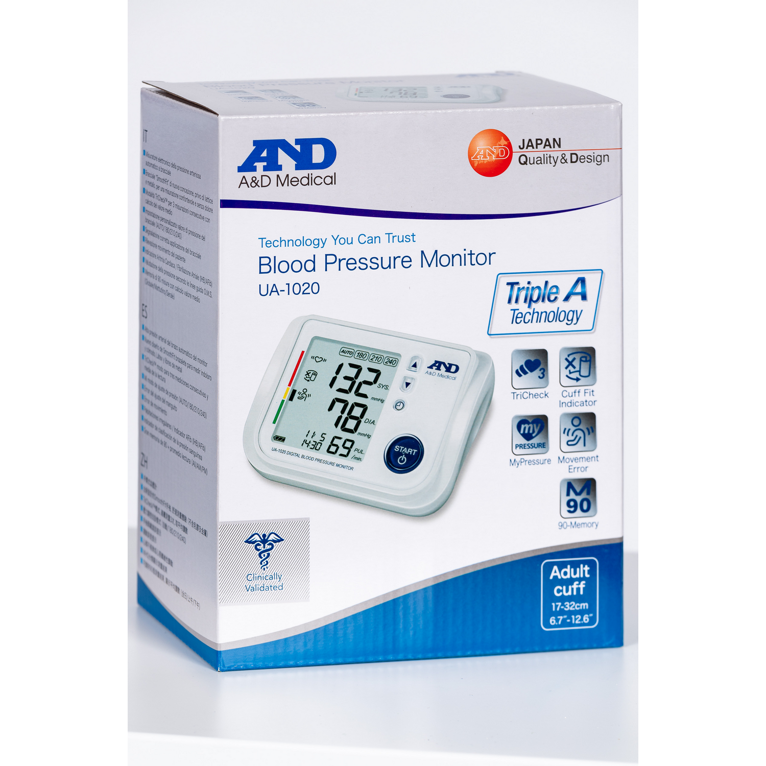Verpakte A&D Medical bloeddrukmeter met display.