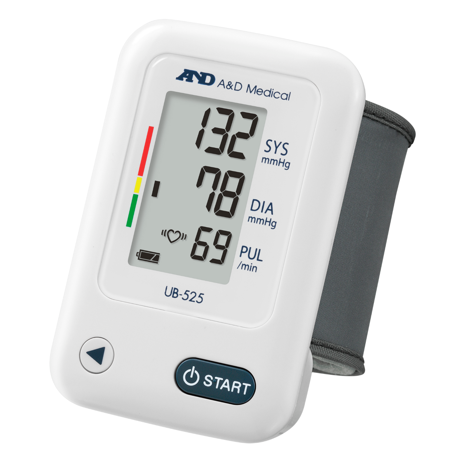 Witte A&D Medical bloeddrukmeter met metingen op een digitaal display met manchet bevestigd.