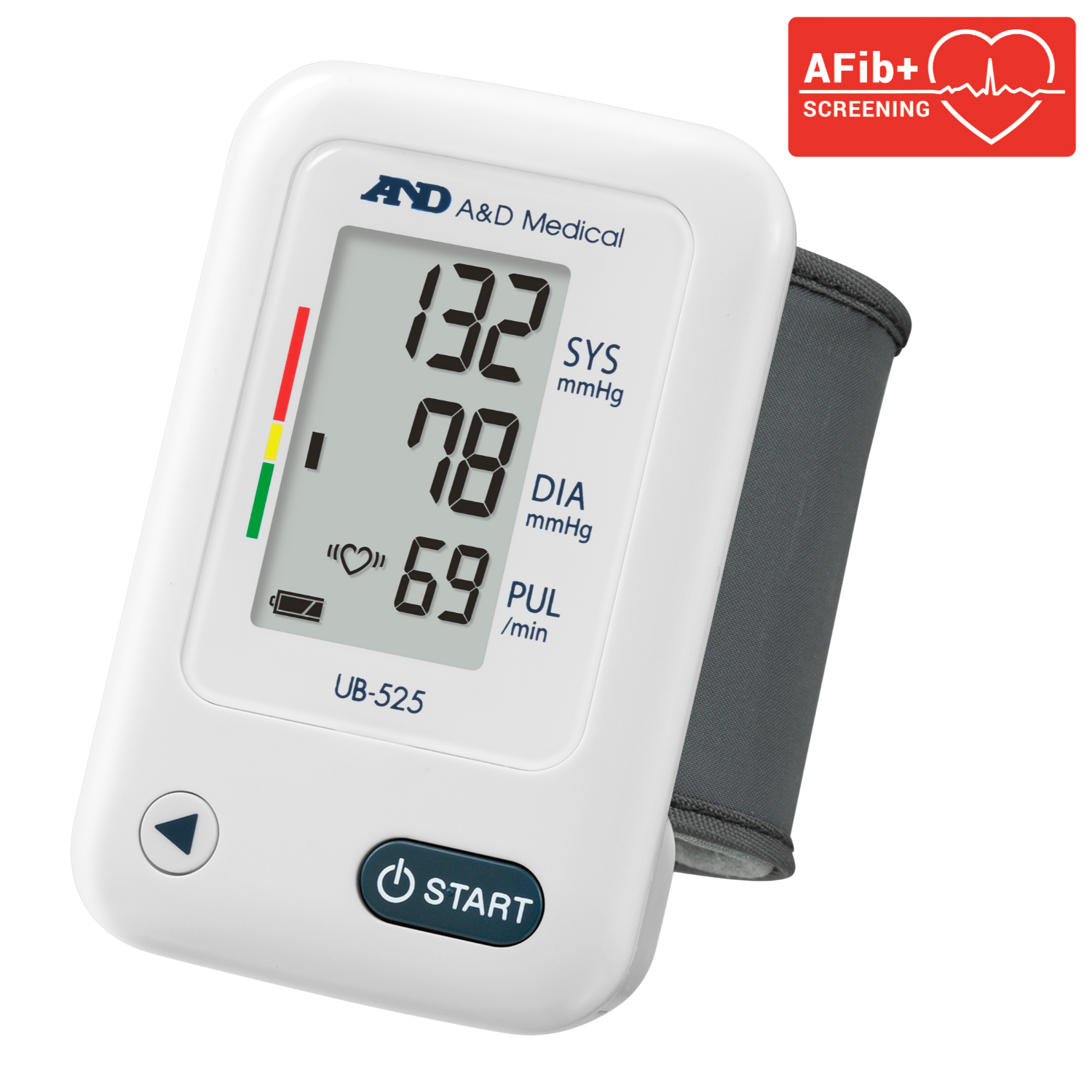 Bloeddrukmeter met display met metingen en een manchet.