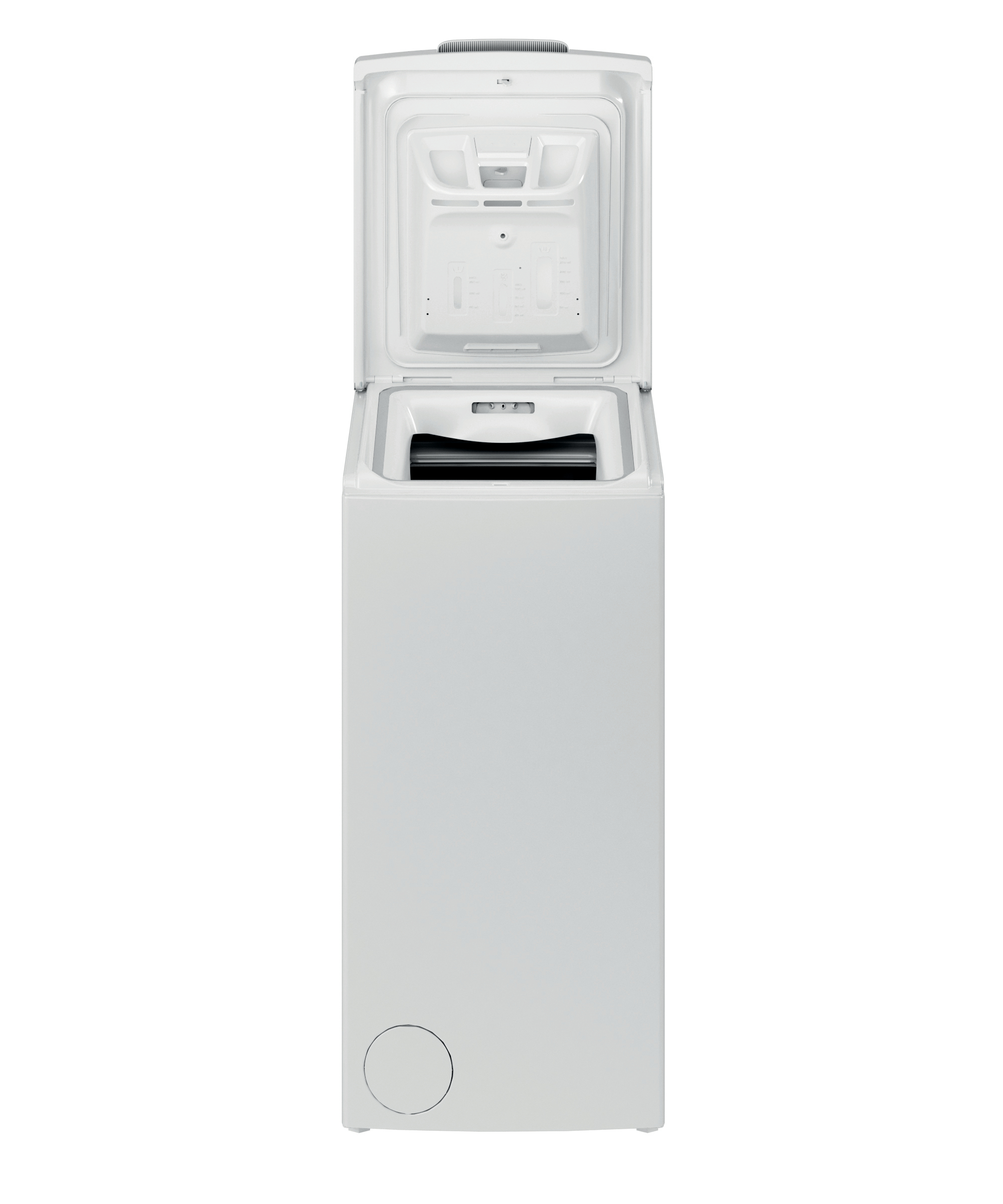 Weiße Toplader-Waschmaschine mit geöffnetem Deckel, der die Trommel zeigt.