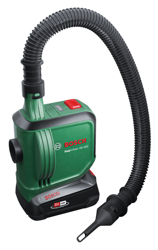 Zöld és fekete Bosch EasyInflate 18V-500, tömlővel és fúvókával.