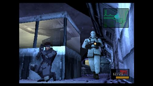 Una escena de videojuego de baja resolución con dos personajes en un pasillo.