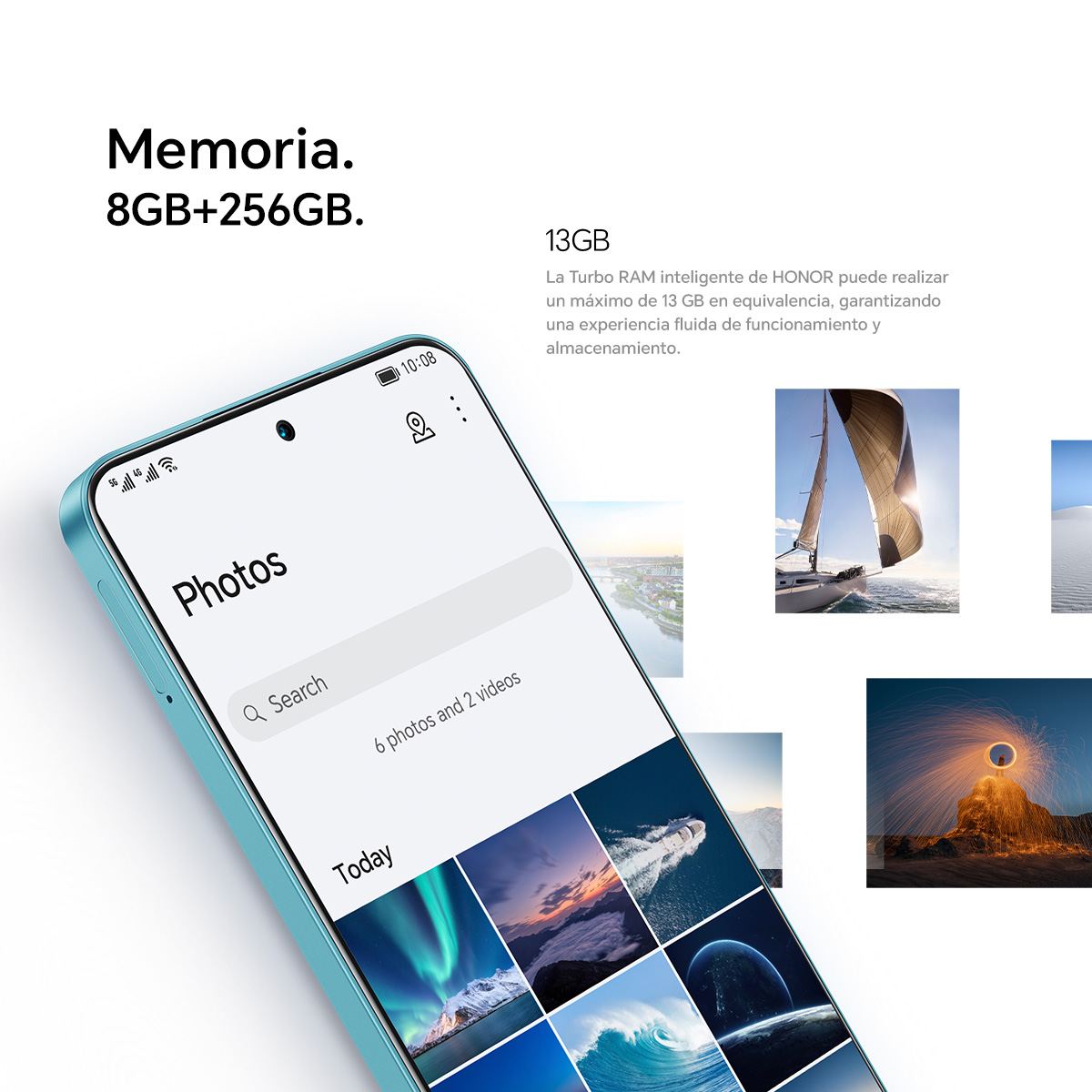 Un smartphone turquesa muestra una app de fotos con fotos. Texto: 'Memoria. 8GB+256GB.' e imágenes.