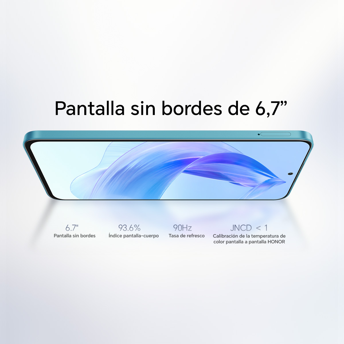 Un smartphone turquesa con bordes curvos, superposición de texto y detalles de pantalla. La pantalla muestra un diseño abstracto azul y blanco.