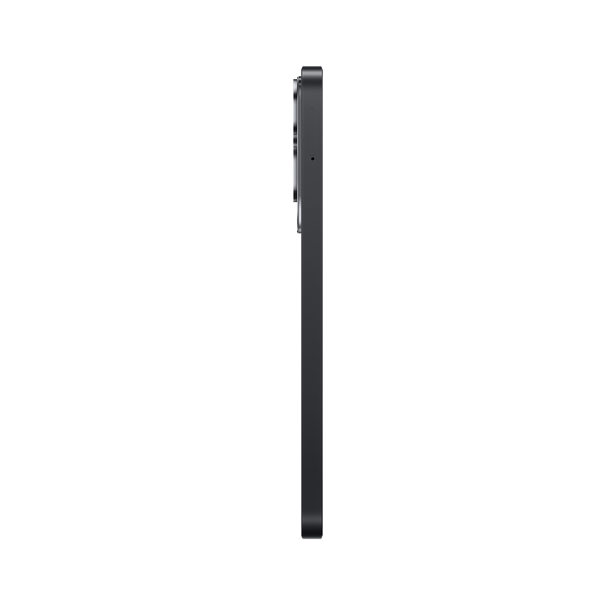 Un perfil lateral de un teléfono inteligente negro. El teléfono es delgado con una protuberancia de la cámara en la parte posterior.