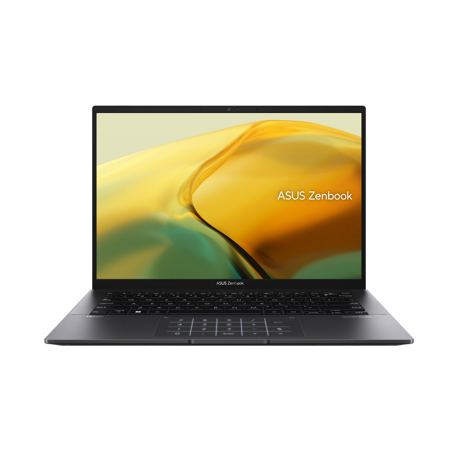 Asus Zenbook laptop, open, met scherm en toetsenbord. Grijze behuizing, donkere achtergrond.
