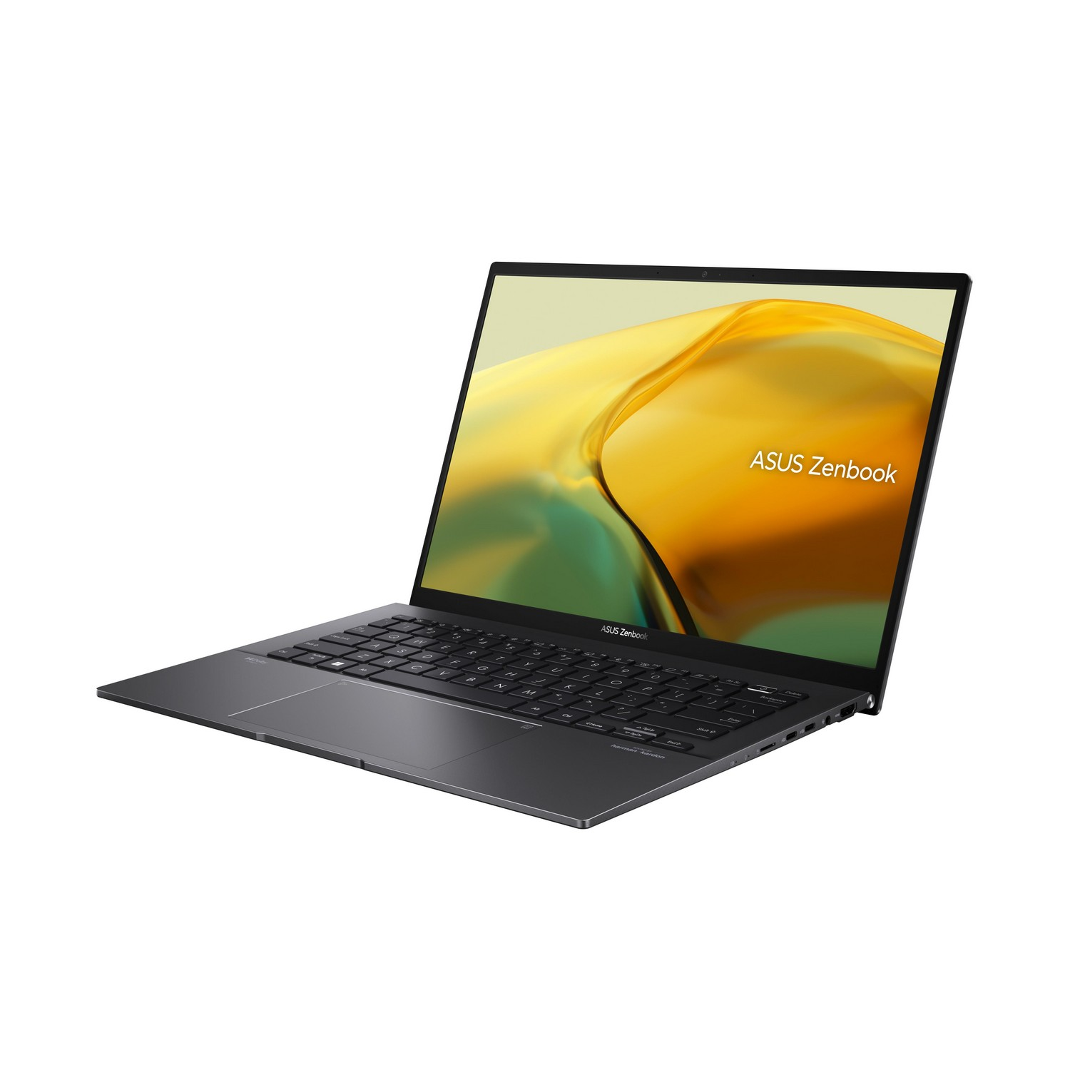 Asus Zenbook laptop, donkergrijze kleur, open op een wit oppervlak.